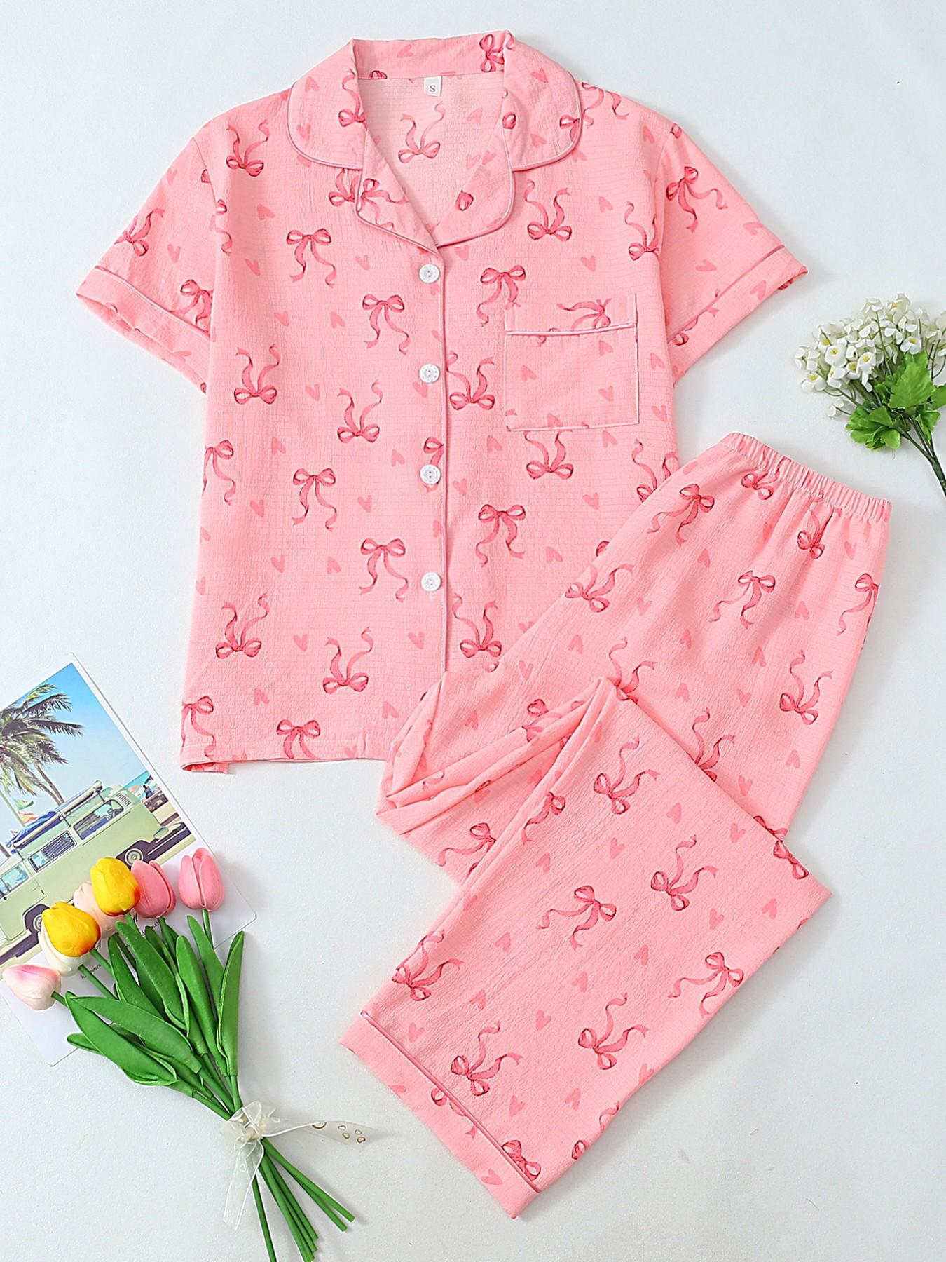 Women's Heart Print Short Sleeve Pajama, Casual Comfy Heart Print and Striped Lapel Neck Pocket Shirt & Pants PJ Set, Ladies Sleepwear for All Seasons, Loungewear, Pyjamas, Womenswear