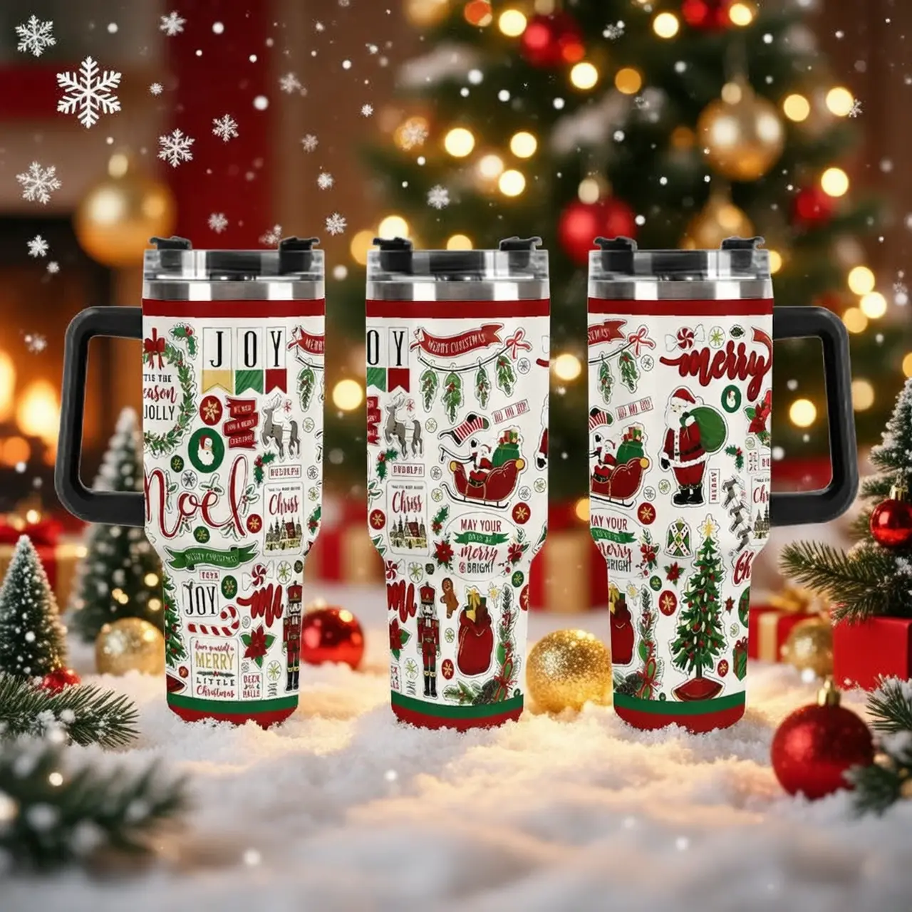 `40oz Christmas Collage Tumbler With Handle, 2D Flat Printed Santa Claus Nutcracker Reindeer Pattern, Stainless Steel Insulated Travel Cup, Merry Christmas Holiday Gift For Family Friends`