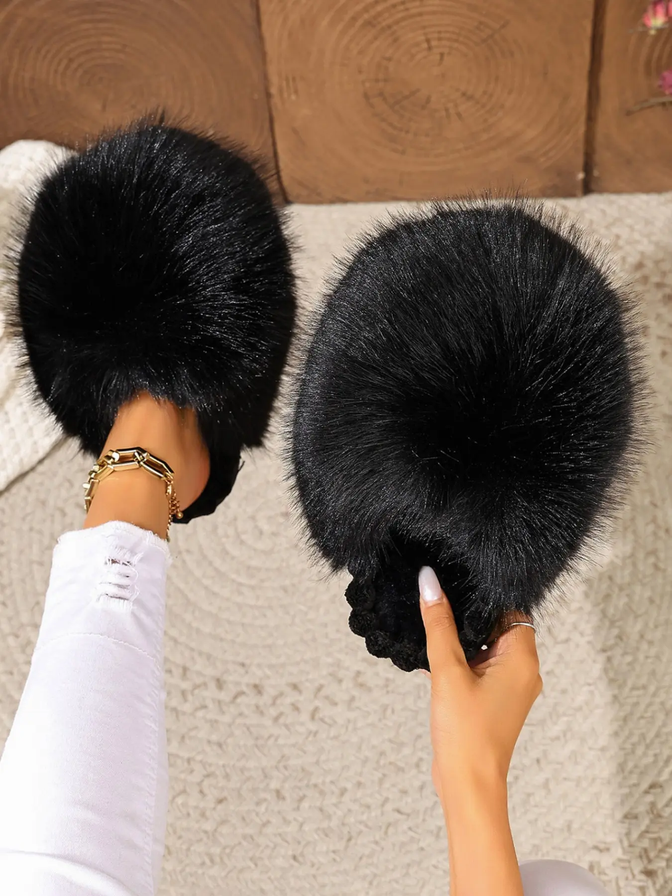 Women's Fall Winter Plush Slippers, Thickened Fox Fur Imitation Head Cover, Cozy Lazy Home Shoes, Outer Wear, Comfortable Footwear