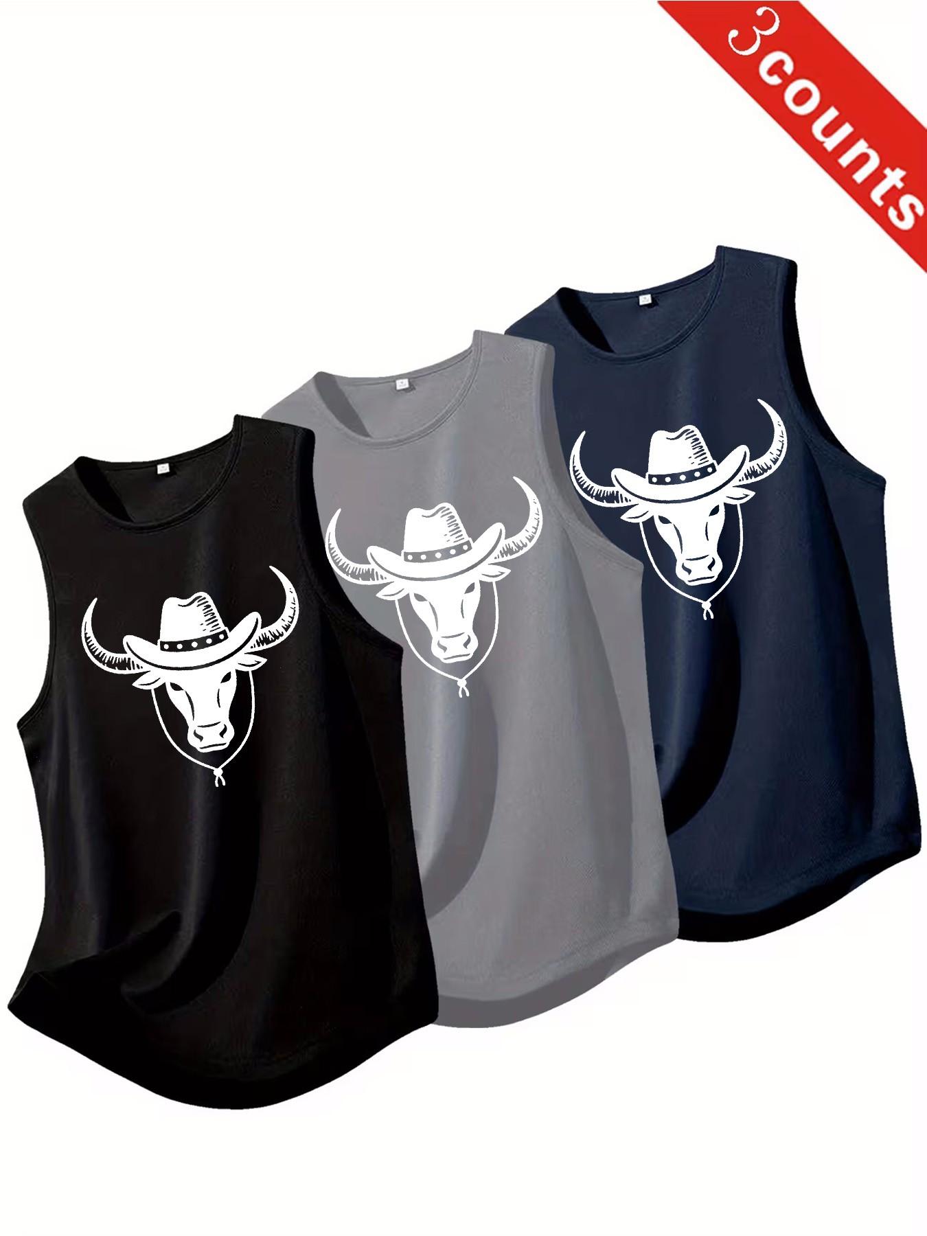 3 Count Men's Cowboy Bull Print Sleeveless Tank Tops, Loose Fit Casual Western Style Tops, Breathable Crew Neck Workout Shirts for Men