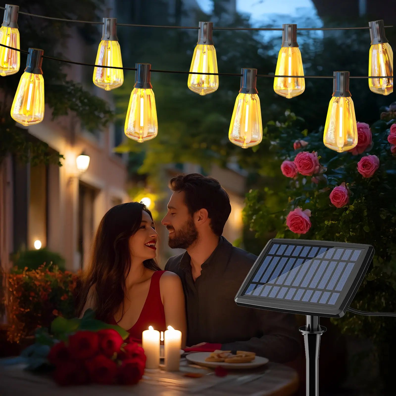 DAYBETTER 150FT Solar LED String Lights with LED Bulbs, Dusk Sensor, Dusk-to-Dawn Light Sensor, Waterproof, Shatterproof, Remote Dimmer, 8 Modes, Warm White for Outdoor Patio, Yard Decor