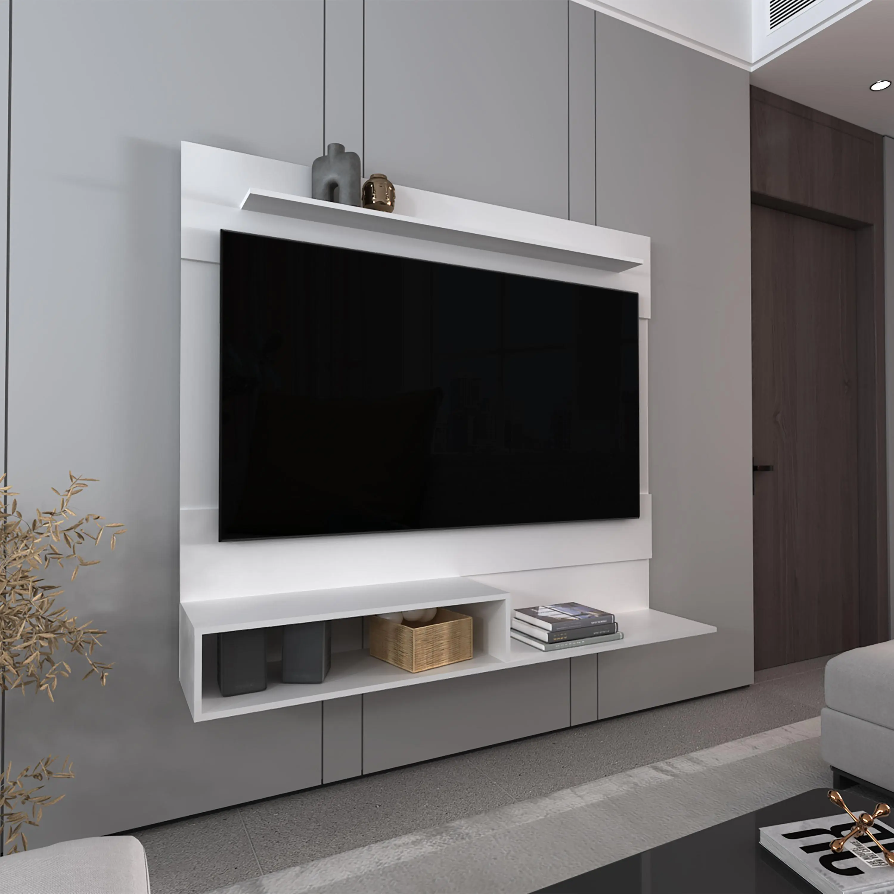 Floating Entertainment Center for TVs up to 55 Inches, Wall Mount Media Console with Superior Shelf and Two Shelves, White