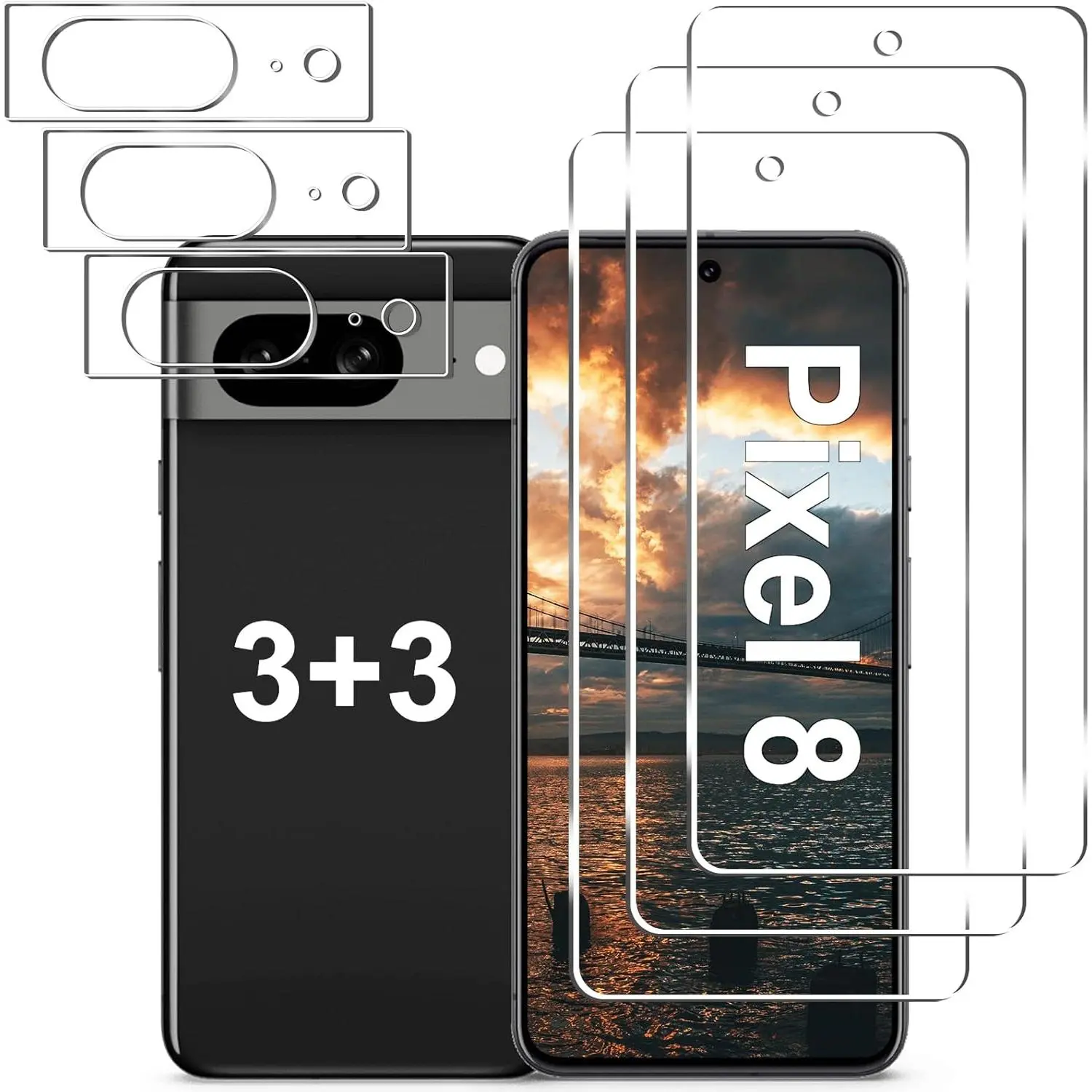 [3+3 Pack] Pixel 8 Screen Protector + Camera Lens Protector, 9H Tempered Glass, Fingerprint Unlock, Anti-Scratch, Easy Installation, HD Screen Protector for Google Pixel 8 5G