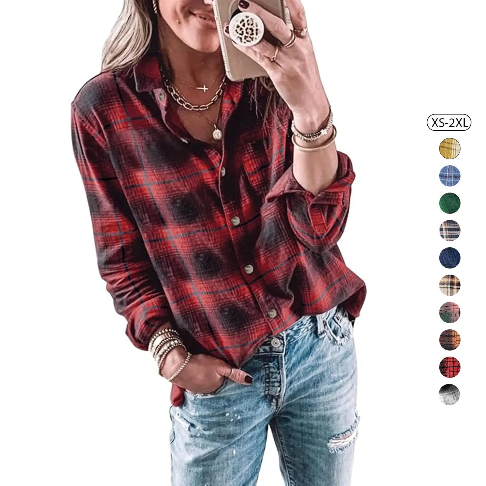 [HALLOWEEN] Tankaneo Womens Long Sleeve Button Down Shirt Casual Plaid Flannel Shirt Collared Blouse Tops
