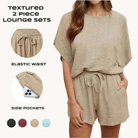 Imily Bela Womens 2 Piece Outfits Shorts Set Summer Casual Short Sleeve Oversized Textured T Shirts Tops Lounge Matching Sets