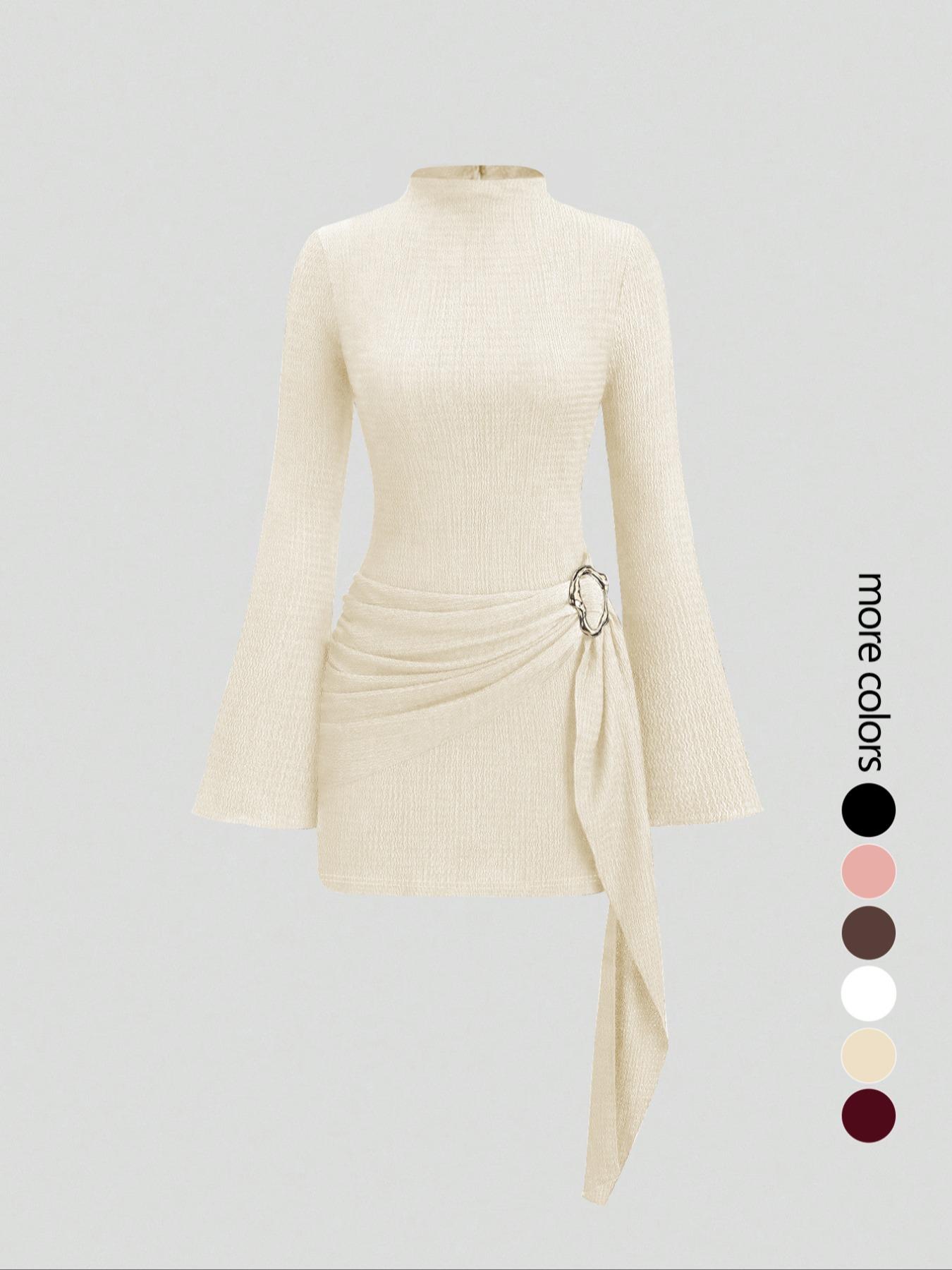 Women's stand-up collar, fitted waist, minimalist Elegant flared sleeves, metal buckle Solid slim-fit midi dress, perfect for parties.