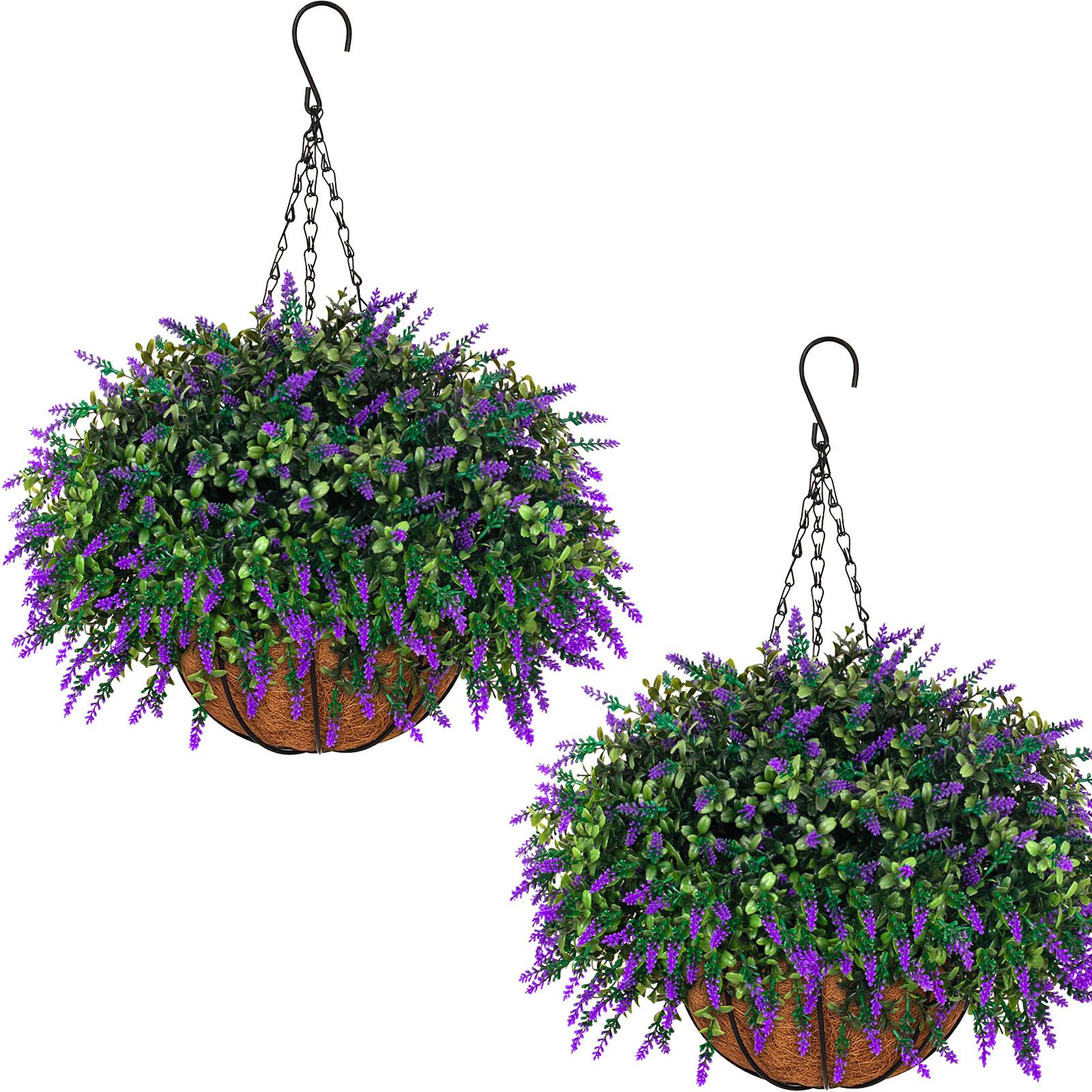 2sets hanging planters for outdoor plants with artificial Decorative flowers,2 coconut fiber hanging baskets, 60 artificial lavender flowers,for Summer and Spring Home Porch, Patio, and Terrace Decoration