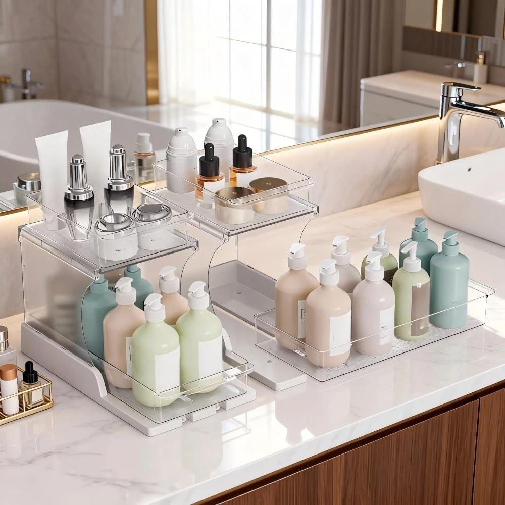 Double Layer Pull-Out Cabinet Organizer, Rotating Sliding Drawer Storage Rack, Kitchen and Bathroom Use, Under Cabinet Storage Shelf