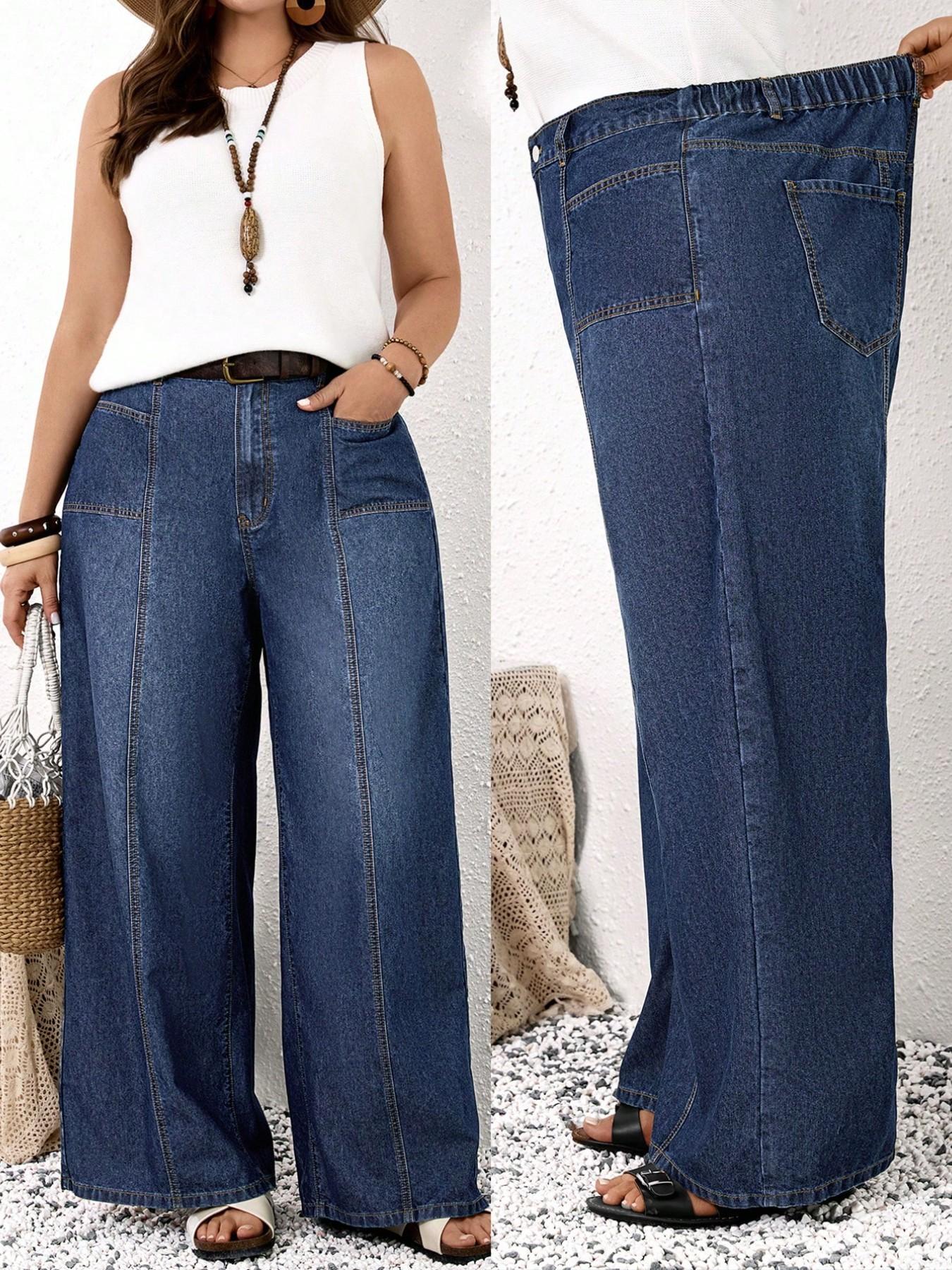 Plus Size Wide Leg Jeans, High Waist Elastic Back Jean with Pockets, Loose Fit Daily Casual Wear, All Seasons Patchwork Design