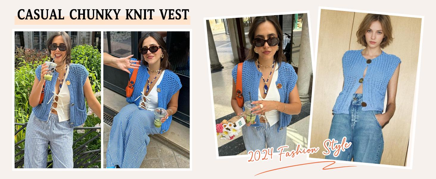 SCUSTY Womens Crochet Chunky Knit Top with Pockets Sleeveless Button Down Crop Tops Trendy Cardigan Sweater Vest for Women
