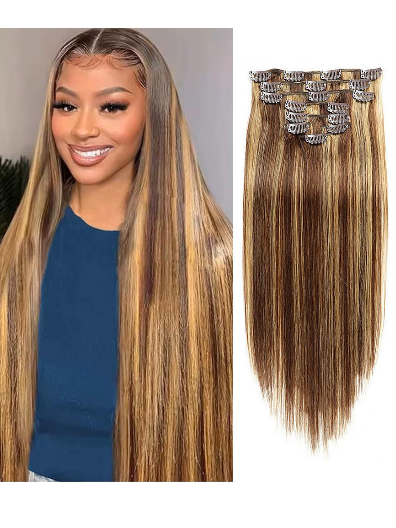 100% Human Hair Extensions, 14-24 Inches Natural Color, Invisible Clip-In Hair Pieces, Women's Hair Extension Set, Real Hair Clips, Straight Natural Hair
