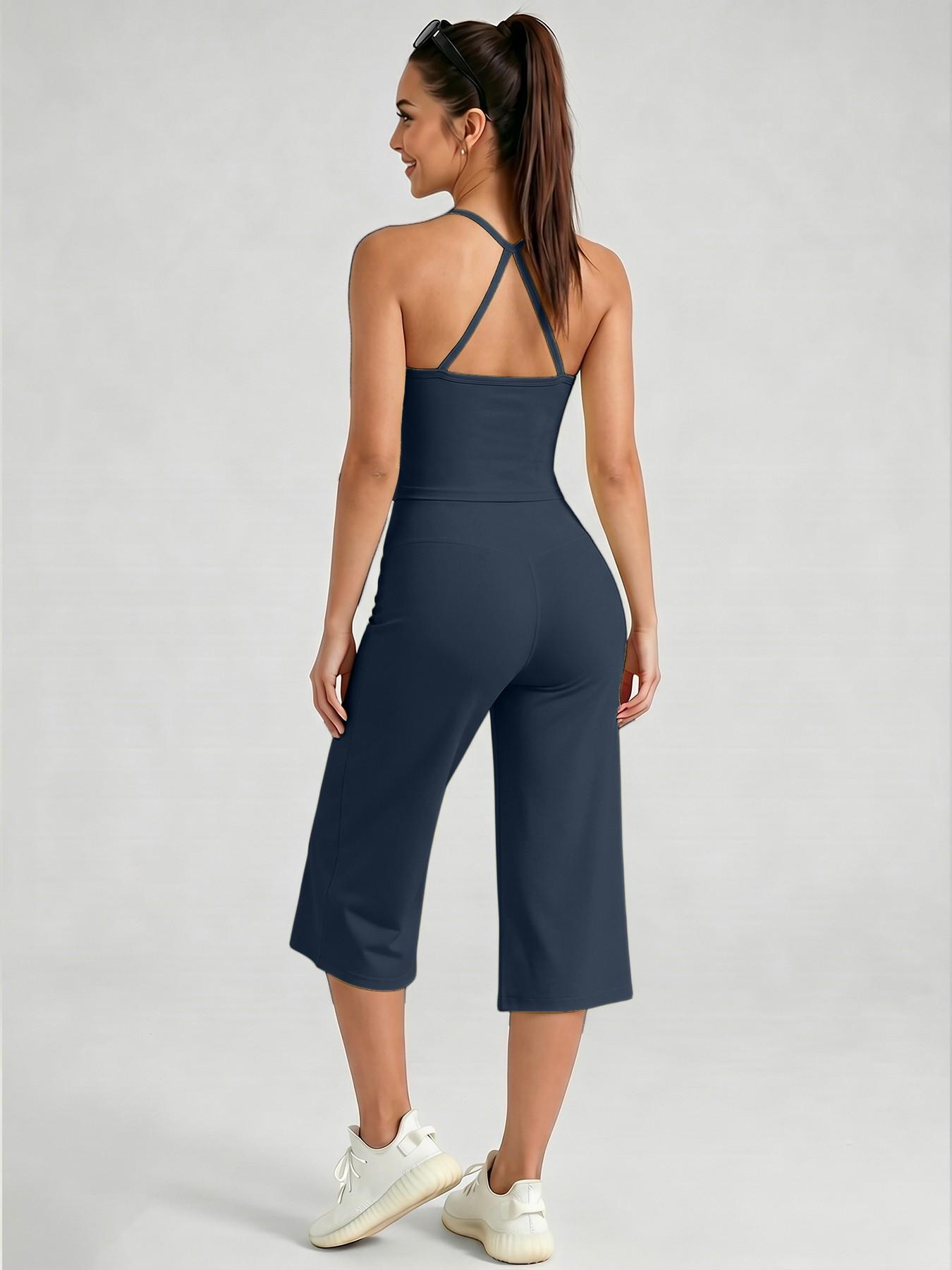 Women's Sporty Fitted Tank Top & High-Waisted Wide-Leg Pants Set, Breathable Solid Color, Ideal for Yoga, Casual Wear, Home Comfort, Athleisure Summer Clothes