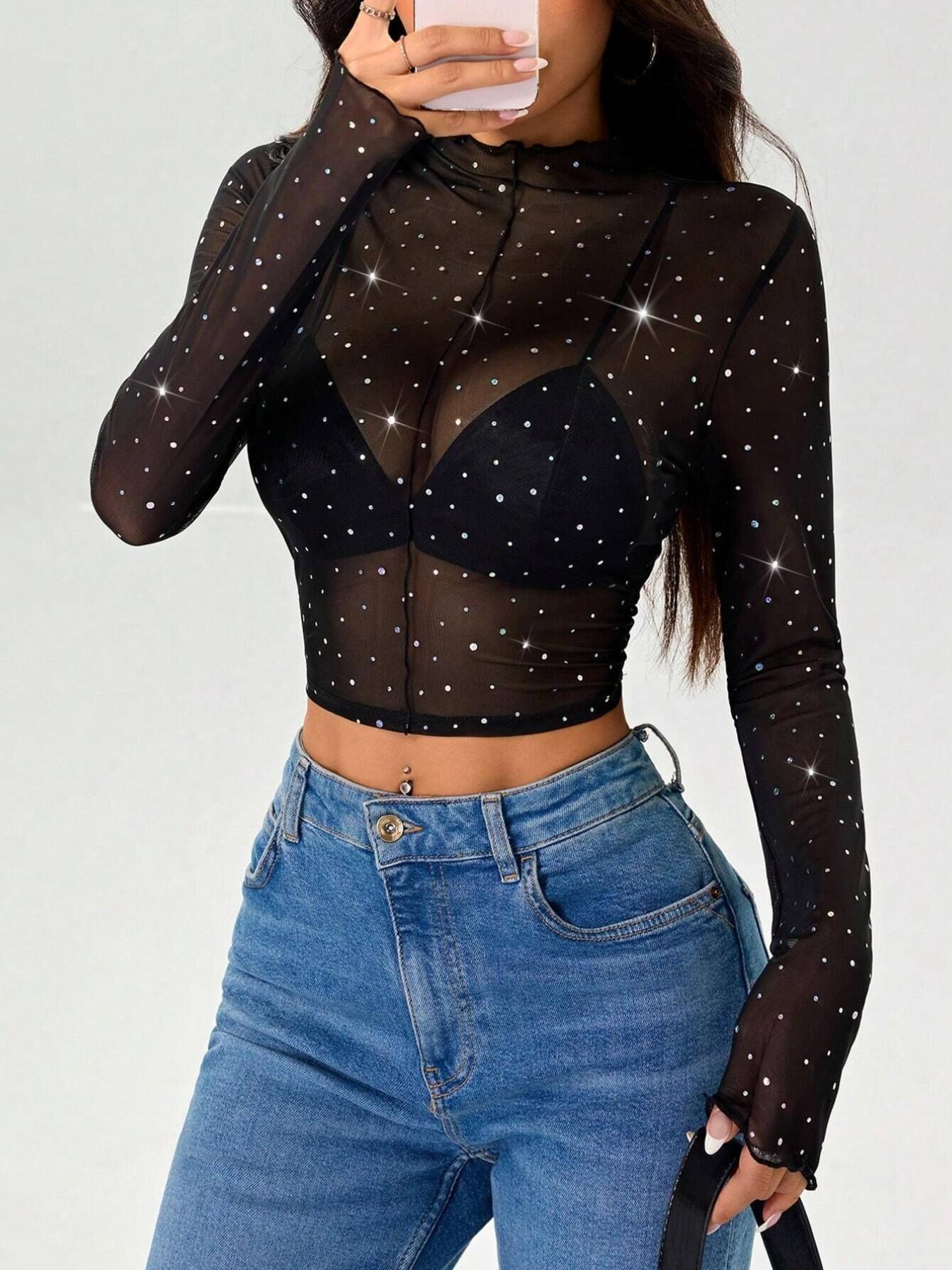 Women's Spring Summer Stand Collar Mesh Transparent Sequin Long Sleeve T-Shirt, Slim Fit Y2K Style, Casual Butterfly Pattern Top