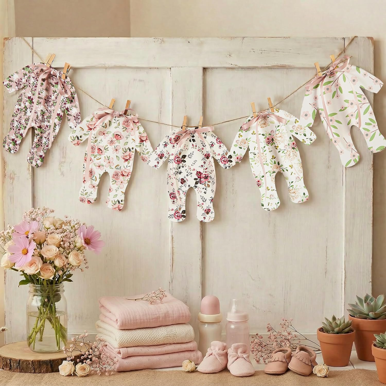 Baby Shower Decorations - Blush Pink Floral Paper Pajama Banner with Ribbon Bows, Shabby Chic Wildflower Garland for Gender Reveal, 10ft Jute Rope Vintage Nursery Wall Decor