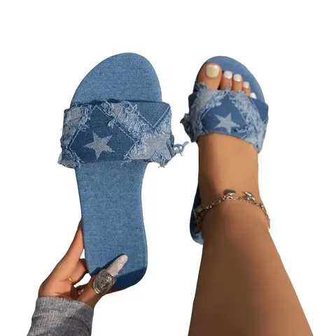 Fashionable Denim Design Slip on Sandals, Casual Comfortable Flat Sandals for Summer, Lightweight Soft Bottom Beach Shoes for Women & Girls, Beach Slides Footwear, Footwear