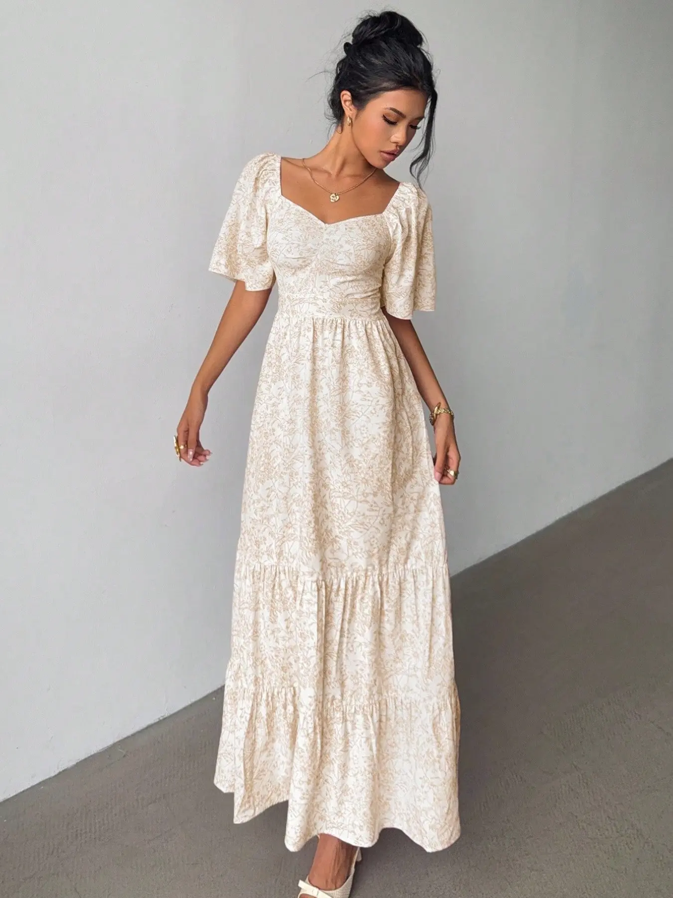 Floral Square Neck Dress, Bubble Sleeve, Sweet French Style, Waist Cinch, Layered Ruffles, Long Dress, Summer Autumn New Arrival