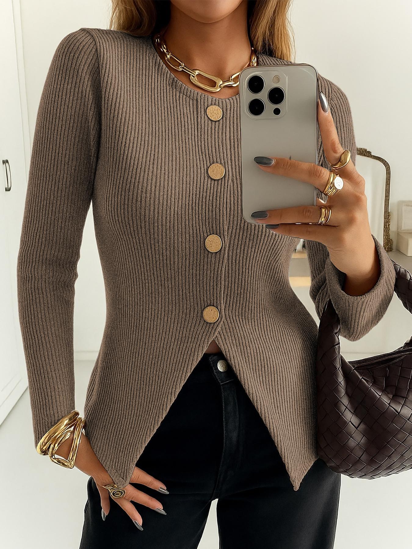 Women's Elegant Ribbed Knit Button-Front Long Sleeve Top, Casual Elegant Fitted Design in Medium-Weight Fabric for All-Season Wear