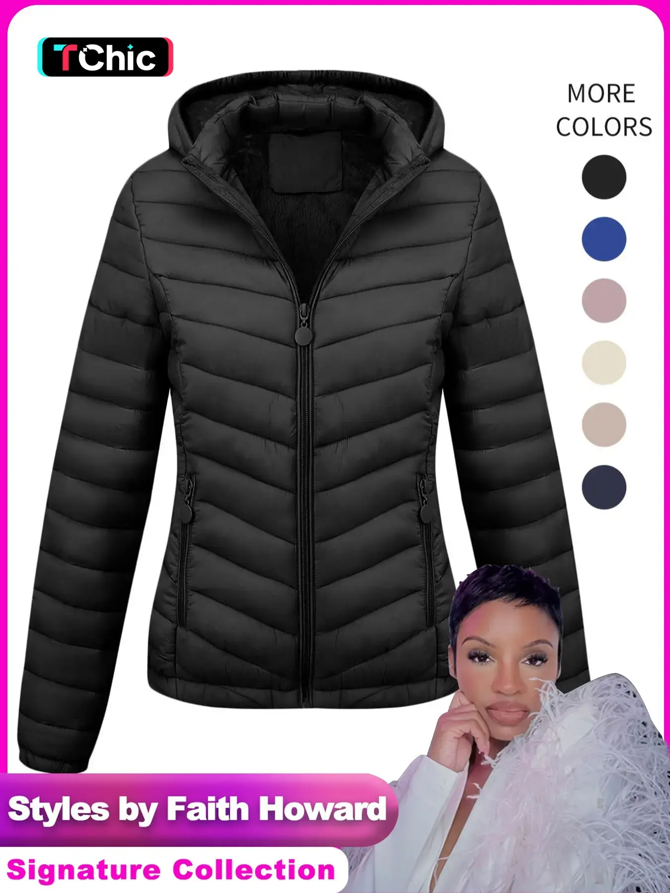 【Black Friday】Styles by Faith Howard Women's Lightweight Quilted Hooded Jacket, Casual Fitted Zip-Up Outerwear with Pockets for Winter, Daily Wear, and Commuting