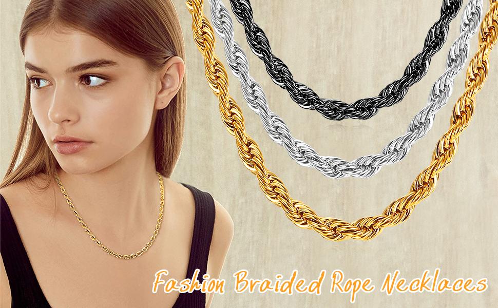 FaithHeart 3MM/6MM/9MM Twisted Rope Chain Necklace 18-30 Inches Stainless Steel Jewelry Durable Color Coating, Hypoallergenic Unisex Stackable Accessories for Daily Wear Best Gift