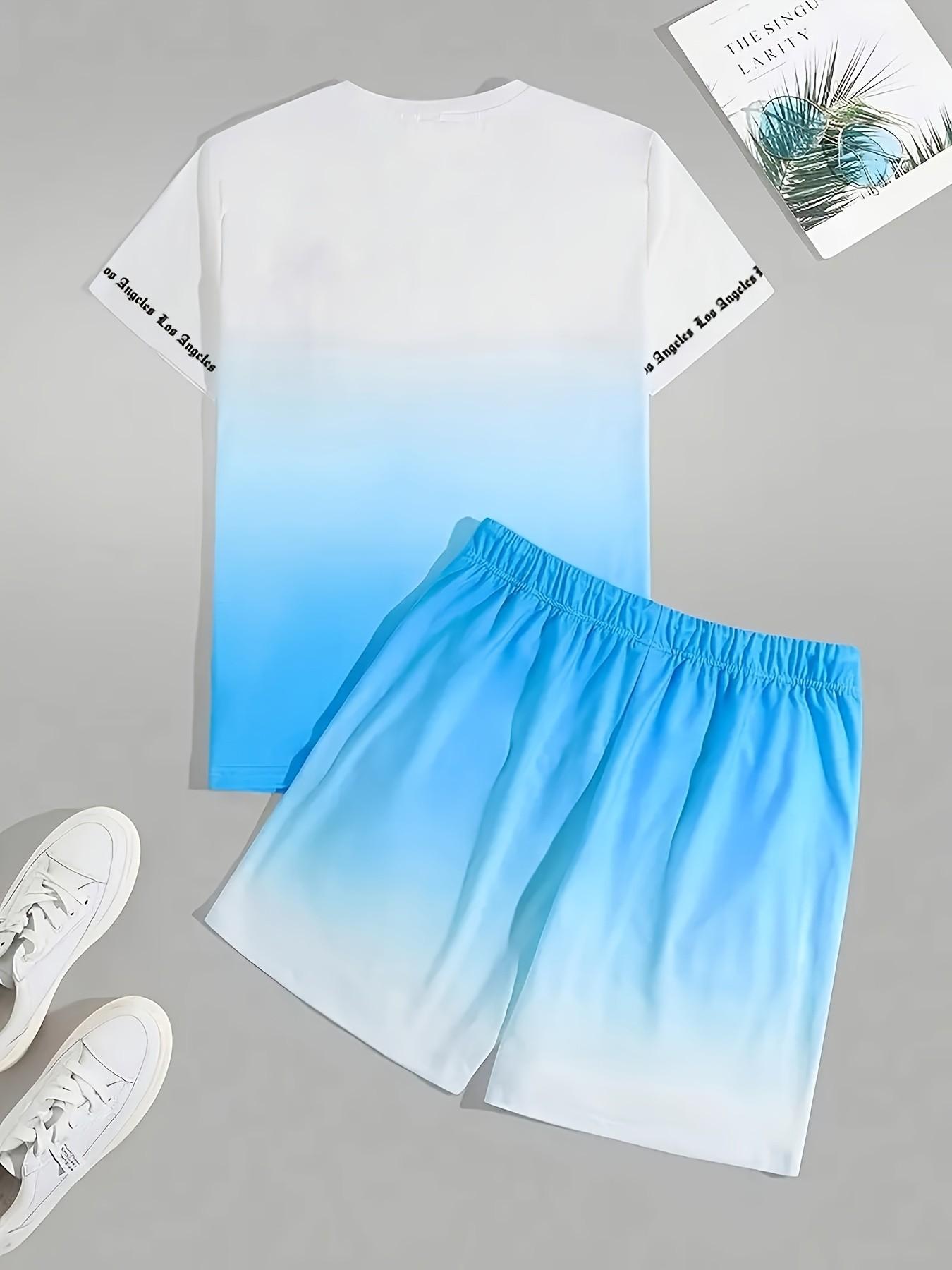 Men's Summer Set, Round Neck Short Sleeve T-Shirt + Elastic Waist Shorts, Los Angeles Print Gradient, Breathable Fabric, Outdoor & Party Wear
