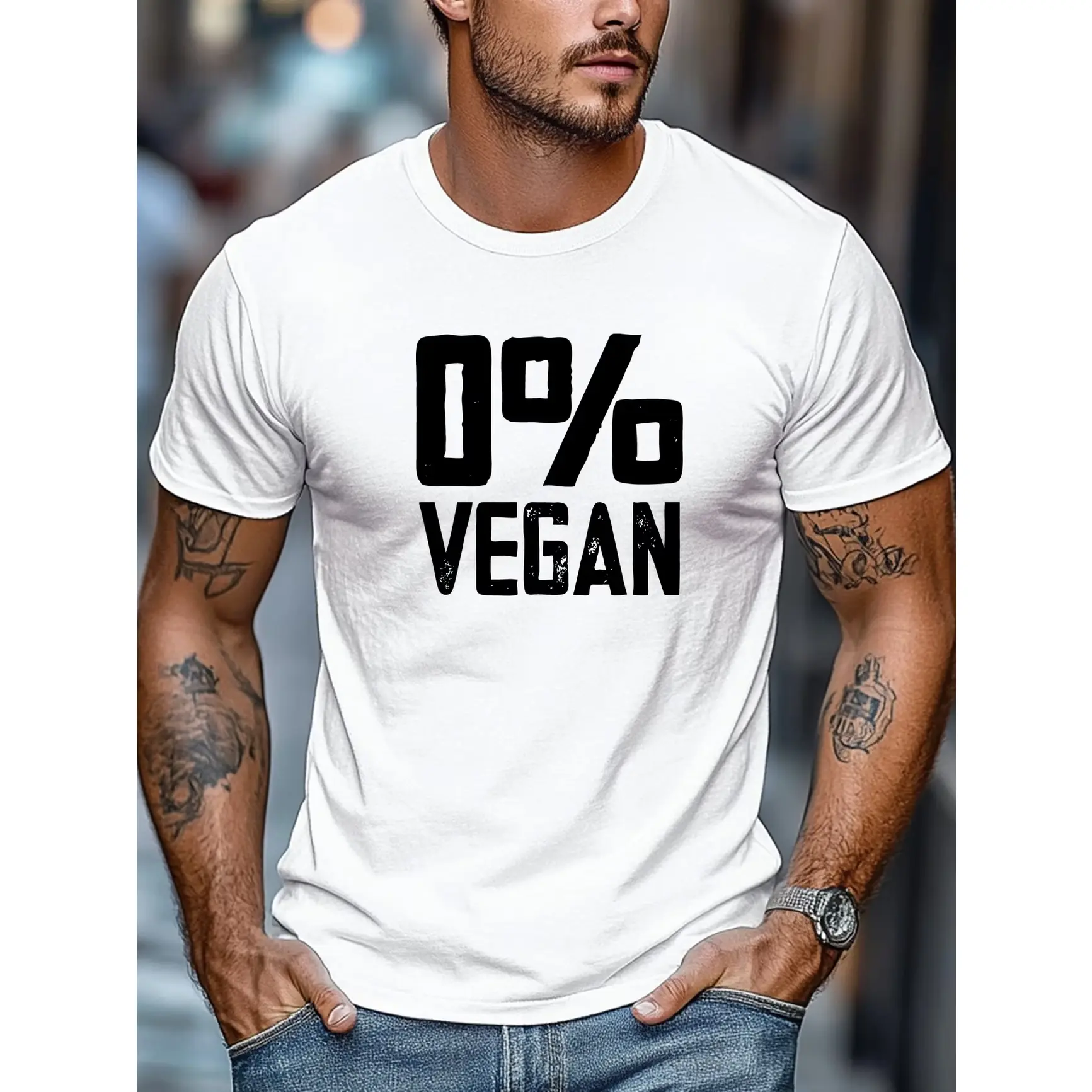 Menswear Vintage 0% Vegan Distressed Graphic Oversized Short-Sleeve Breathable Cotton T-Shirt, Funny Carnivore Outfit, Comfort Casual Top, Humor Valentine Gift for Men, Shortsleeve, Tops