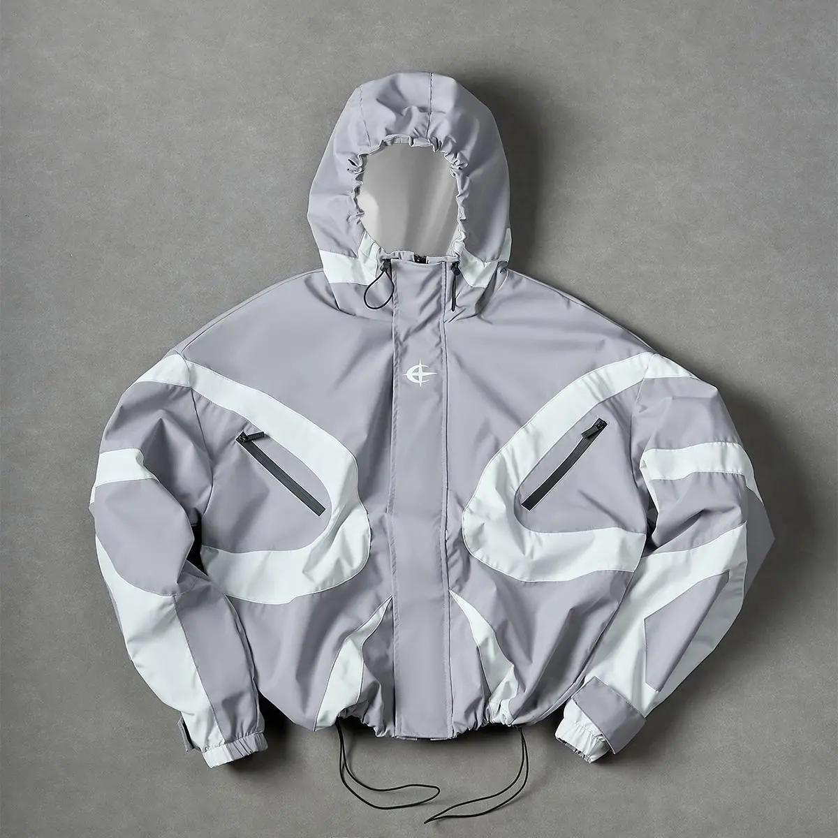 Men's Stylish Futuristic Techwear Windbreaker Coat - Long Sleeve, Grey & White Aesthetic, Trending Popular Clothes, Outdoor Stuff for Adults, Streetwear Top with Pockets for Spring