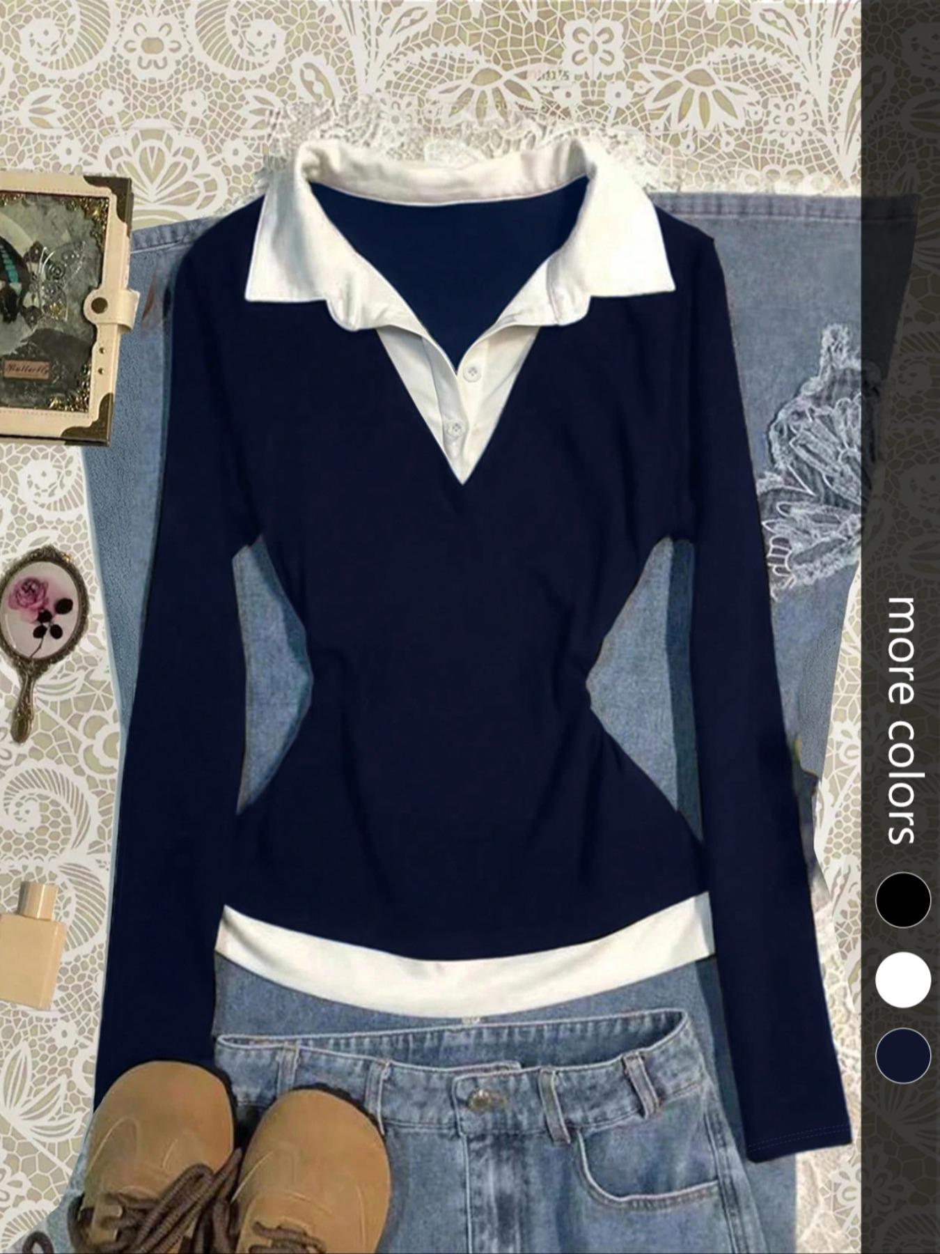 Women's Colorblock patchwork Faux Two-piece Shirt Collar Slim Fit Long Sleeve Top, Simple Comfortable Daily Wear,Versatile Stylish Blouse