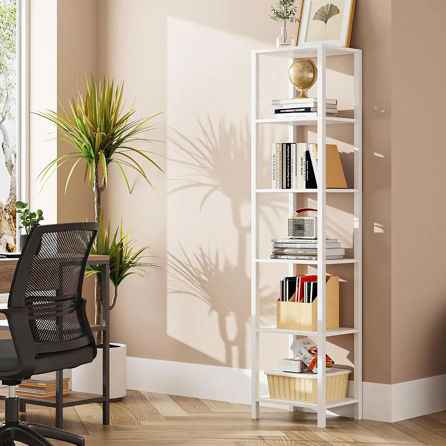 Bookshelf, 6-Tier Tall Book Shelf, Narrow Bookcase for Small Space, DIY Stackable Bookshelf, for Living Room, Office, Study, Entryway, Industrial, White BS01BW006
