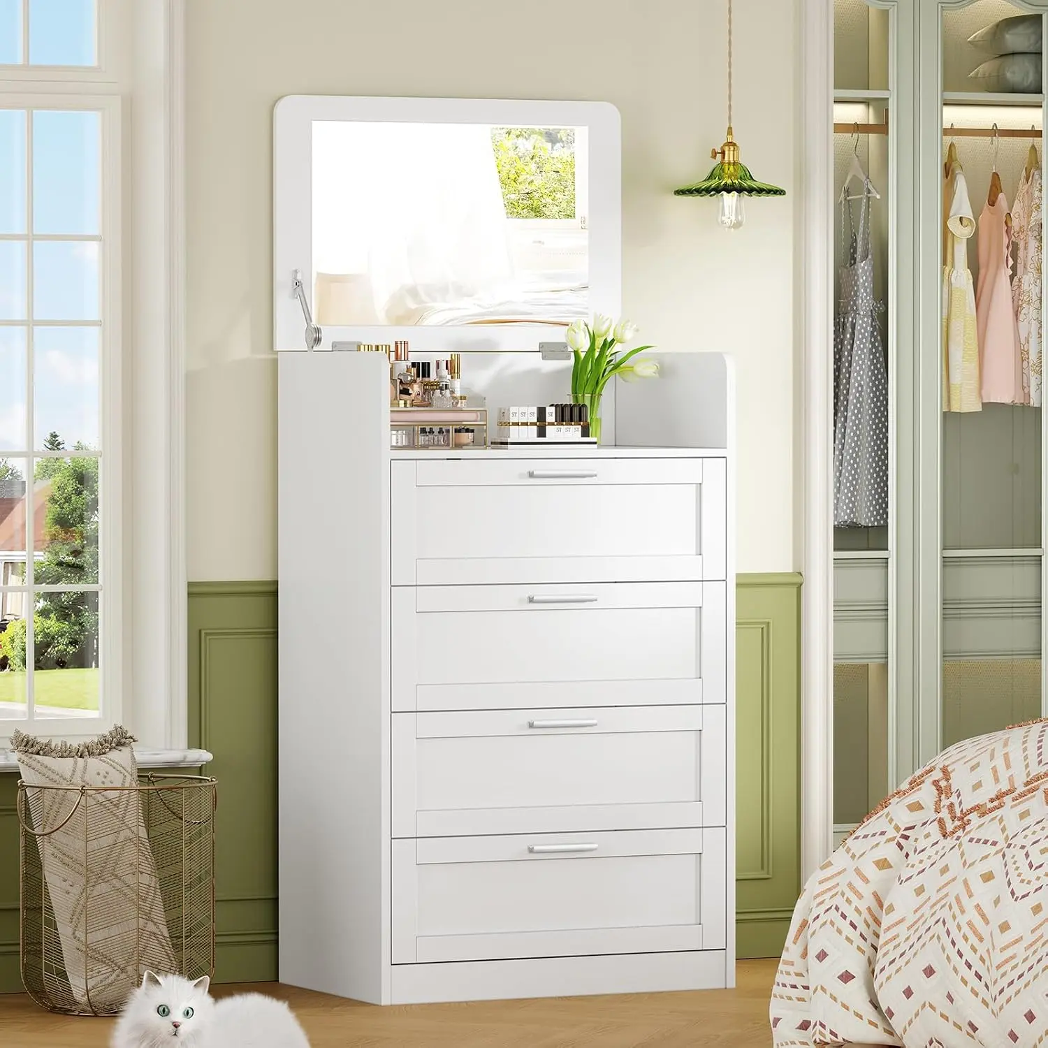Dresser for Bedroom, Tall White Dresser with 4 Drawers, Dressers with Mirror, Chest of Drawers for Bedroom, Living Room, Closet, Hallway, White