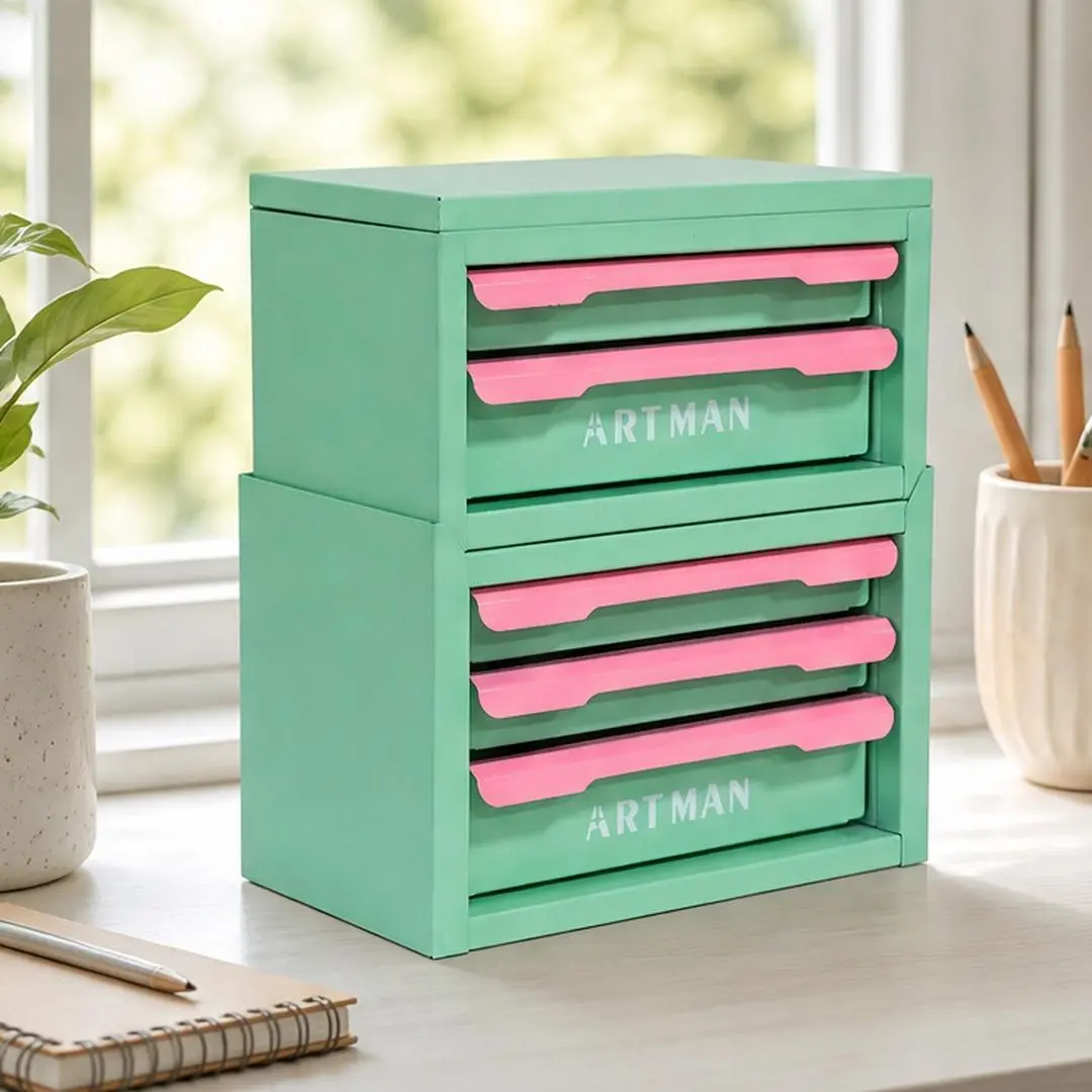 5-Drawer Steel Desktop Storage Cabinet with Built-In Pull Handles, Stackable Organizer for Cosmetics, Stationery and Craft Supplies, Creamy Green or Pink