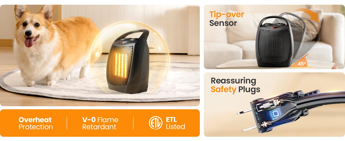 KISSAIR Small Electric Space Heater - Ceramic Portable Heater Fan with Adjustable Thermostat, Overheat Protection, ETL Listed. Perfect for Office, Kitchen, and More. 750W/1500W, indoor use