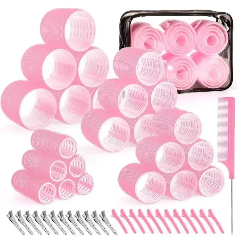 Self-Grip Hair Rollers in 4 Sizes-Suitable for Long Hair, Short Hair, and Bangs-50-Piece Set with Clips (25mm, 36mm, 48mm, 60mm), Pink