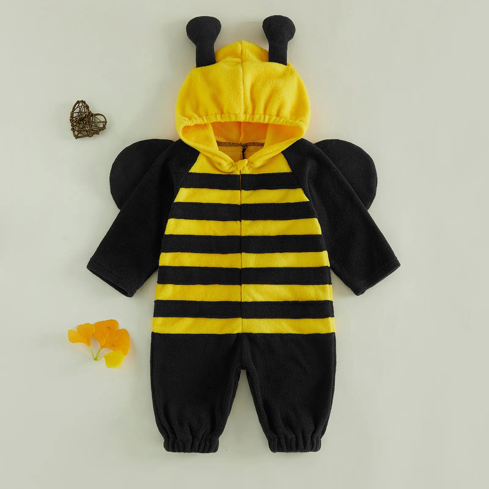 FOCUSNORM Toddler Baby Boy Girl Halloween Outfit Bee Costume Fuzzy Hooded Romper Jumpsuit Halloween Bumble Bee Outfit Fall Winter Clothes