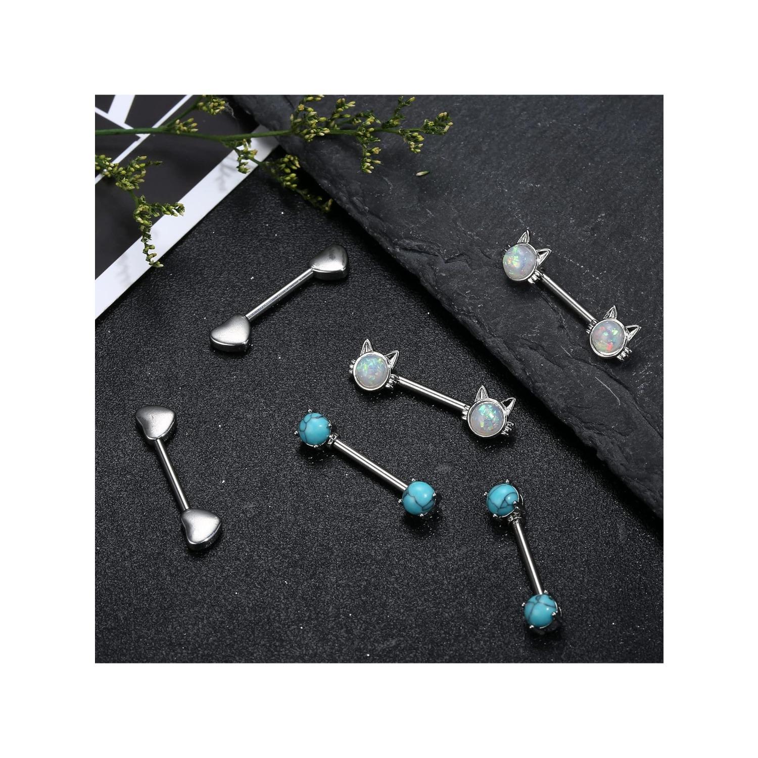 9 Pairs Nipple Rings for Women 14G Stainless Steel CZ Opal Hoops Nipple Rings with Chain Rose Silver Tone Heart Nipple Piercing Jewelry