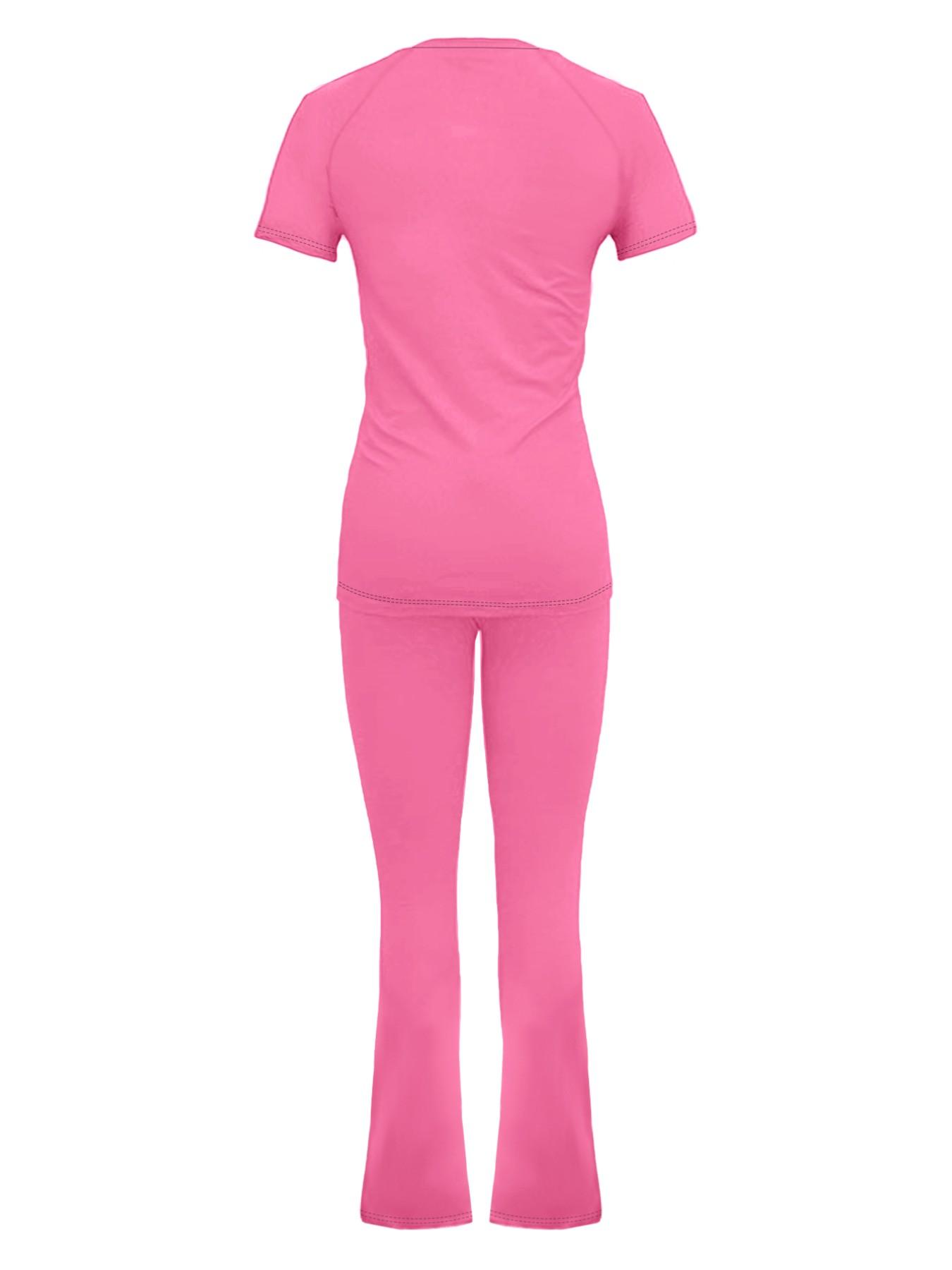 Summer Fashion New Round Neck Solid Color Striped Patchwork Short Sleeve Fitted Top with Long Pants Set, Women's Two-Piece