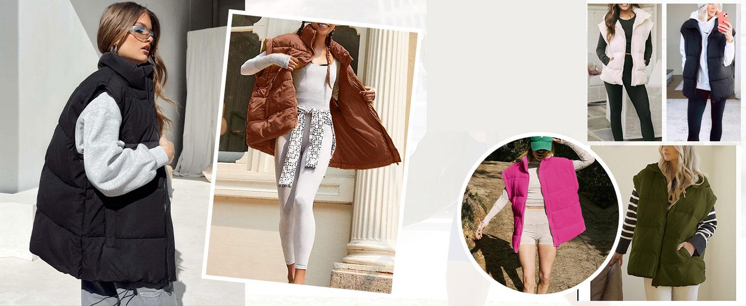 Yeokou Women Winter Oversized Puffer Vest Stand Collar Lightweight Flysleeve Insulated Padded Puffy Jackets Coat with Pockets