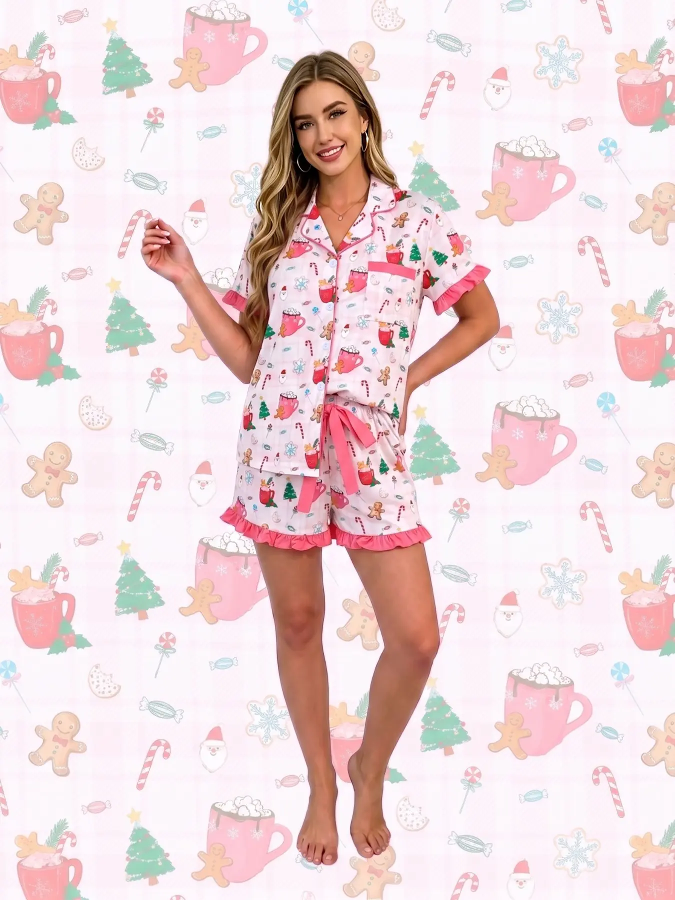 Women's 2‑Piece Christmas Pajama Set, white grid base with gingerbread, hot cocoa, candy cane, tree & snowflake prints, rose‑pink ruffle trim. Lapel short‑sleeve top with pocket, elastic‑waist shorts, soft comfy all‑season festive loungewear Pjs