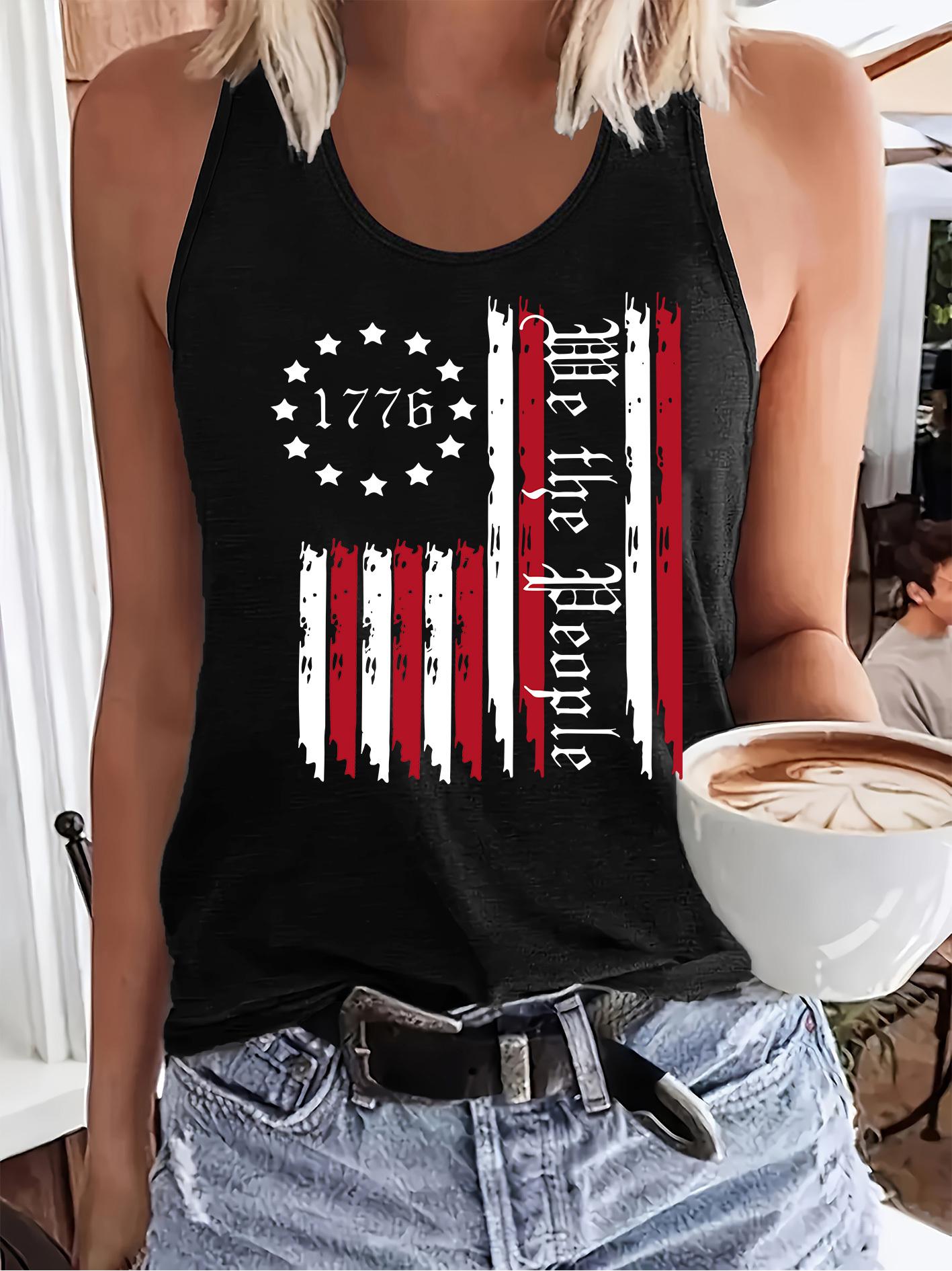 Women'S Patriotic Graphic Tank Top - Sleeveless Crew Neck with "Freedom" Flag Design, Breathable & Stylish for Spring & Summer, White with Red Stripes and Stars, Casual Summer Top |   Sleeveless Fashion |   Graphic Print Vest