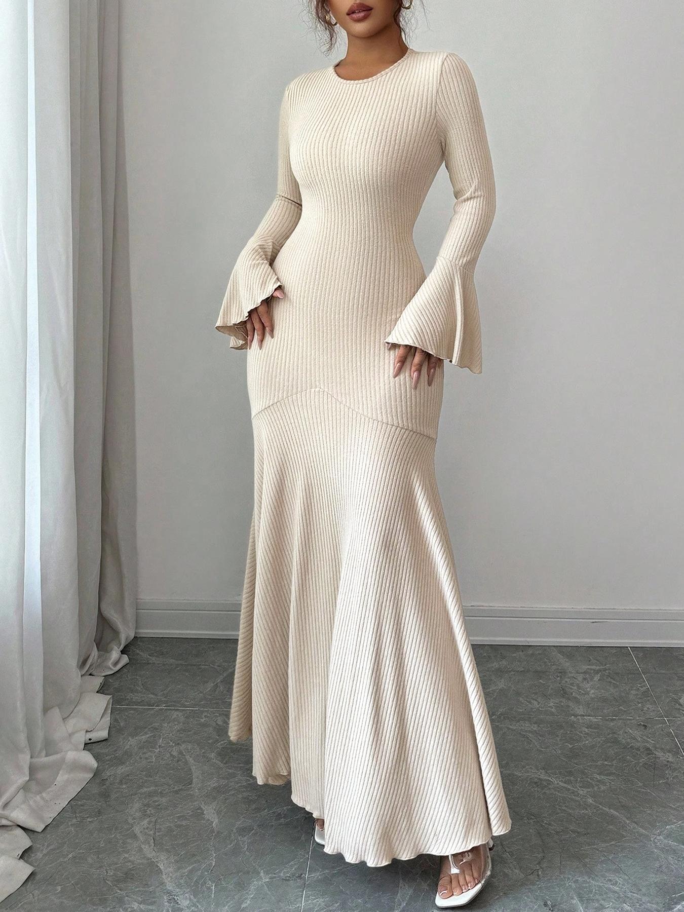 Women's Casual Solid Color Fitted Long Sleeve Dress, Comfortable Everyday Wear, Perfect for Shopping & Daily, Stylish Ladies' Clothing