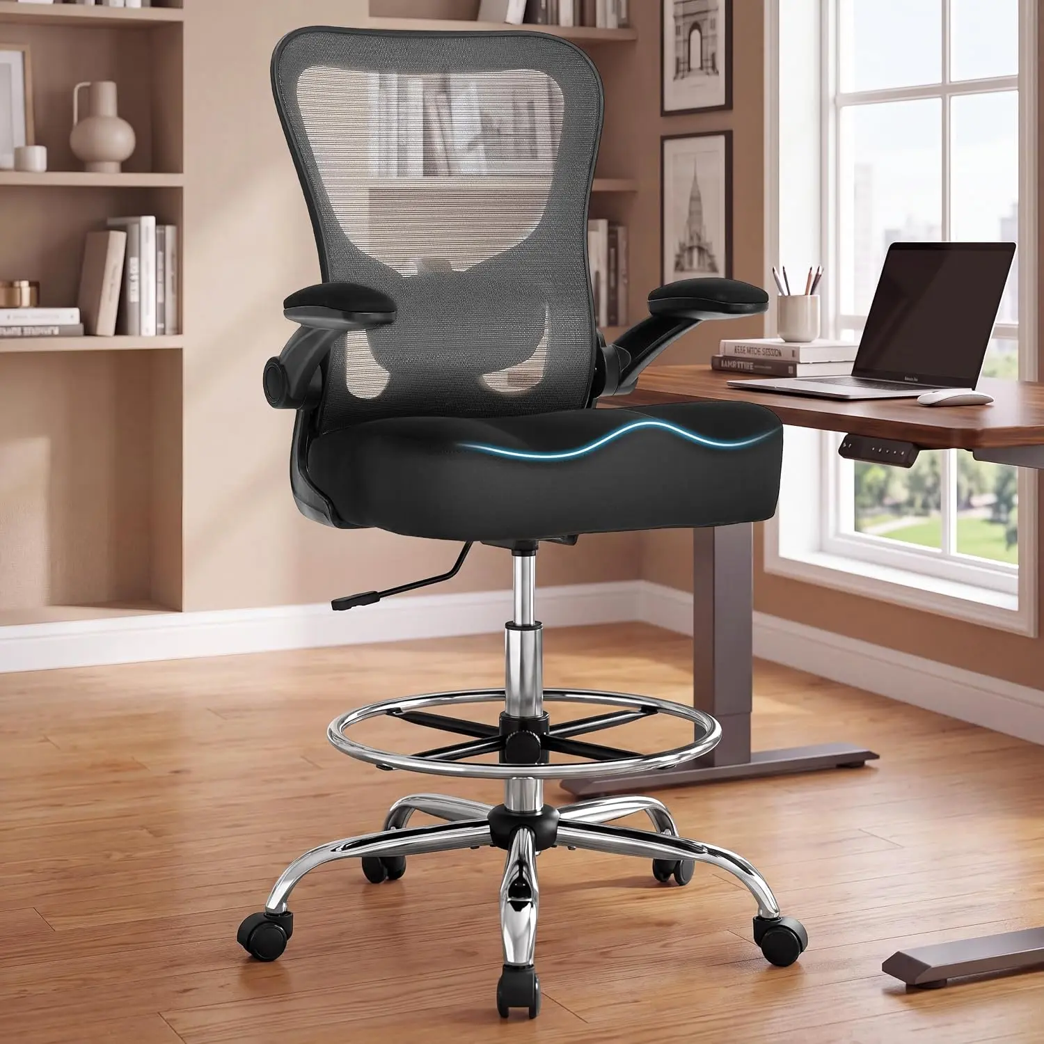 BLISNEST 500LBS Ergonomic Adjustable Arm Drafting Chair - Tall Office Chair for Counter Height/Standing Desk, Executive High Seat with W-Shaped Thick Cushion, Footrest Ring, Breathable Mesh Foam Metal Fabric, Tall U-Shape Design, Black