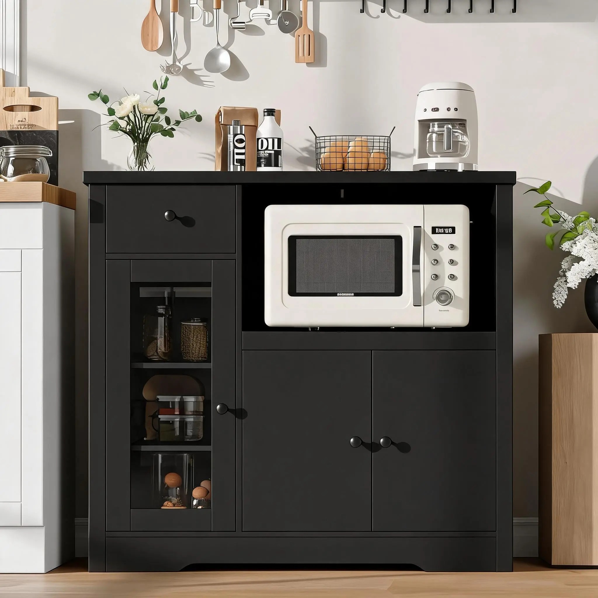 Garvee Microwave Stand Storage Cabinet, Modern Entryway Buffet Sideboard - Single/Double Door, Drawer, Adjustable Shelves, Wide Top for Small Spaces, Kitchen/Dining/Living Room - Black
