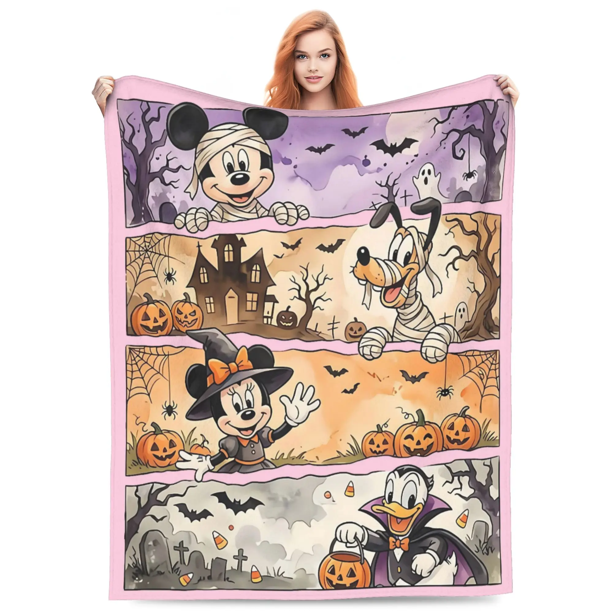 Disney Classic [2026 New] Mickey Minnie Pluto Donald Halloween Flannel Throw Blanket, Comic Panel Mummy Witch Vampire Ghost Pumpkin Bat Haunted House Print Soft Cozy Blanket for Sofa Bed Kids Holiday Fans Gift