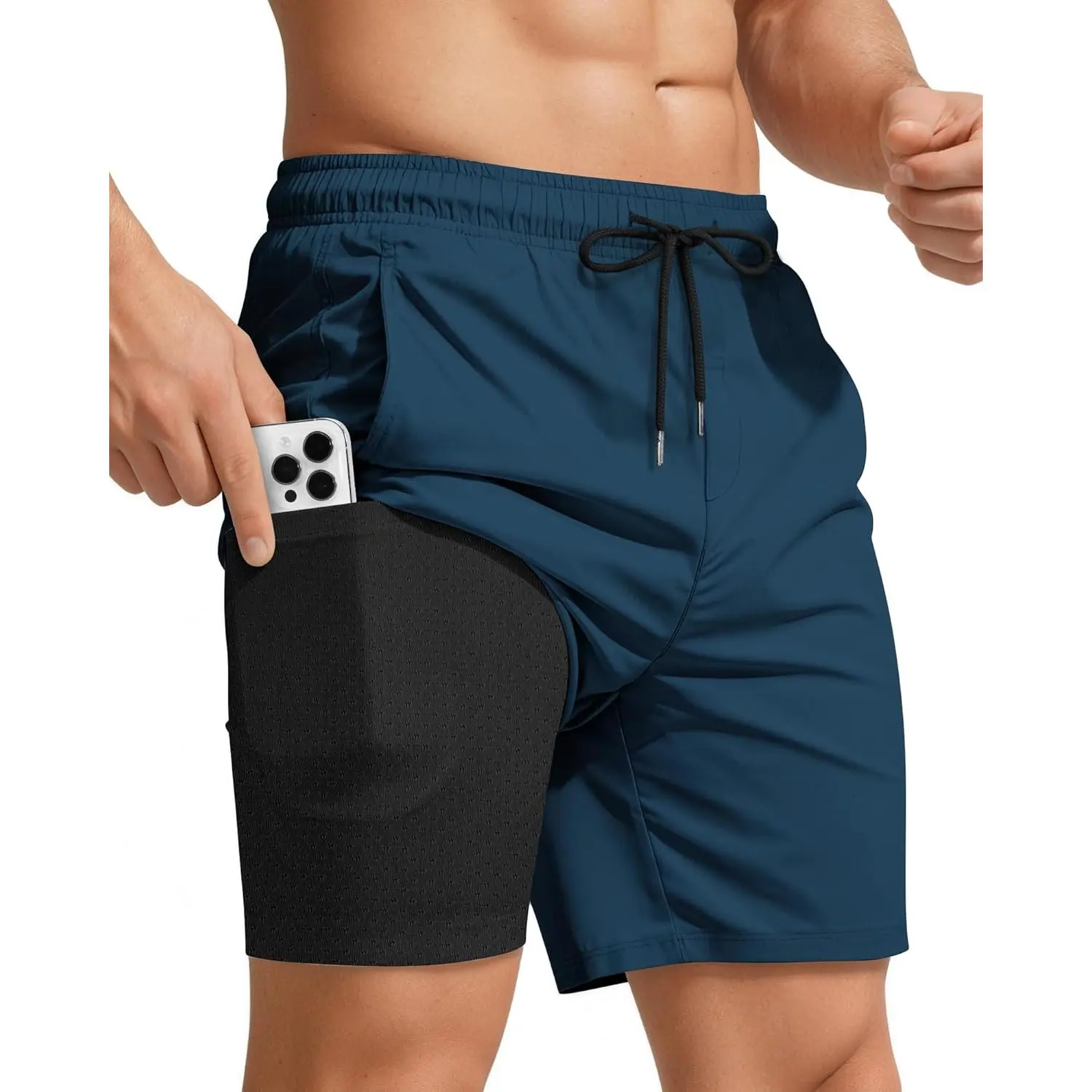 Men Swim Trunks with Compression 7 Inches Breathable Liner Quick Dry Zipper Pockets for Board Beach Gym Running