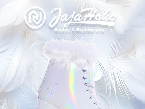 JajaHoho Roller Skates for Women, White Holographic High Top PU Leather Rollerskates, Shiny Double-Row Four Pearl Giltter Wheels Quad Skates for Girls and Age 8-50 Indoor Outdoor (White Swan)