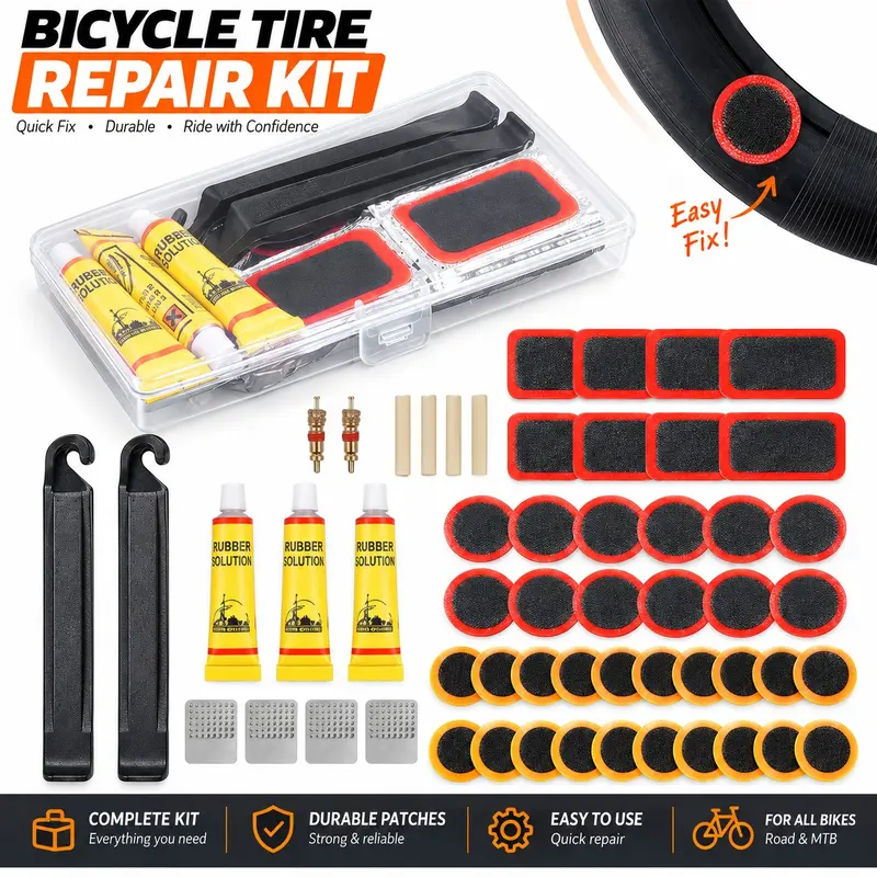 55-Piece Bike Tube Patch Repair Kit with Levers and Glue, Essential Tire Repair Set for Mountain and Road Bikes, Bicycle Maintenance Accessories, Bicycle Parts, Cycling Gear