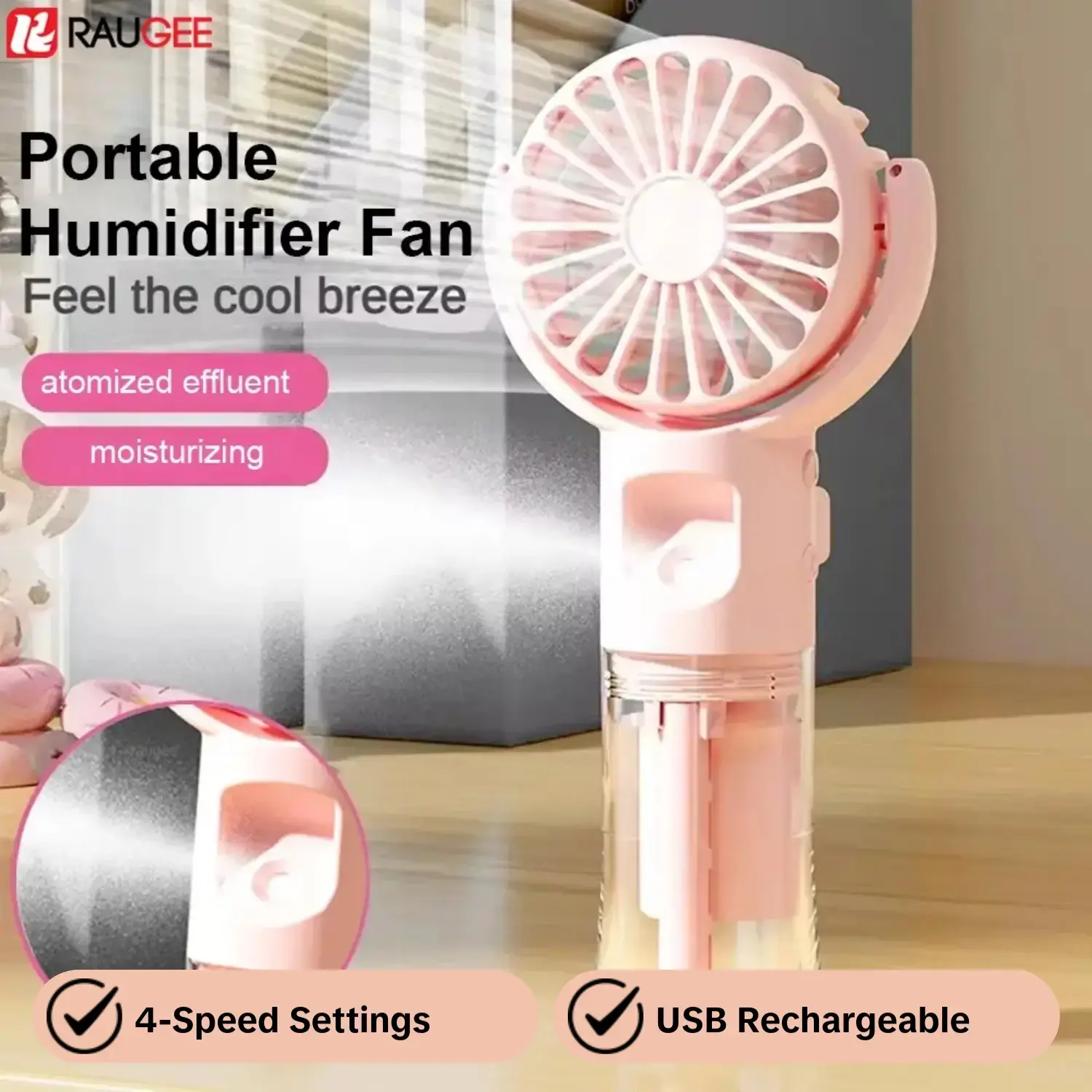 Portable Handheld Water Mist Fan, Handheld Pocket Fan, Handheld Misting Fan,USB Rechargeable 4 Speeds Wind Fan,Wearable Portable Neck Humidifier Fan Small Personal Fan for Outdoor Travel Cooling Sprayer Fan