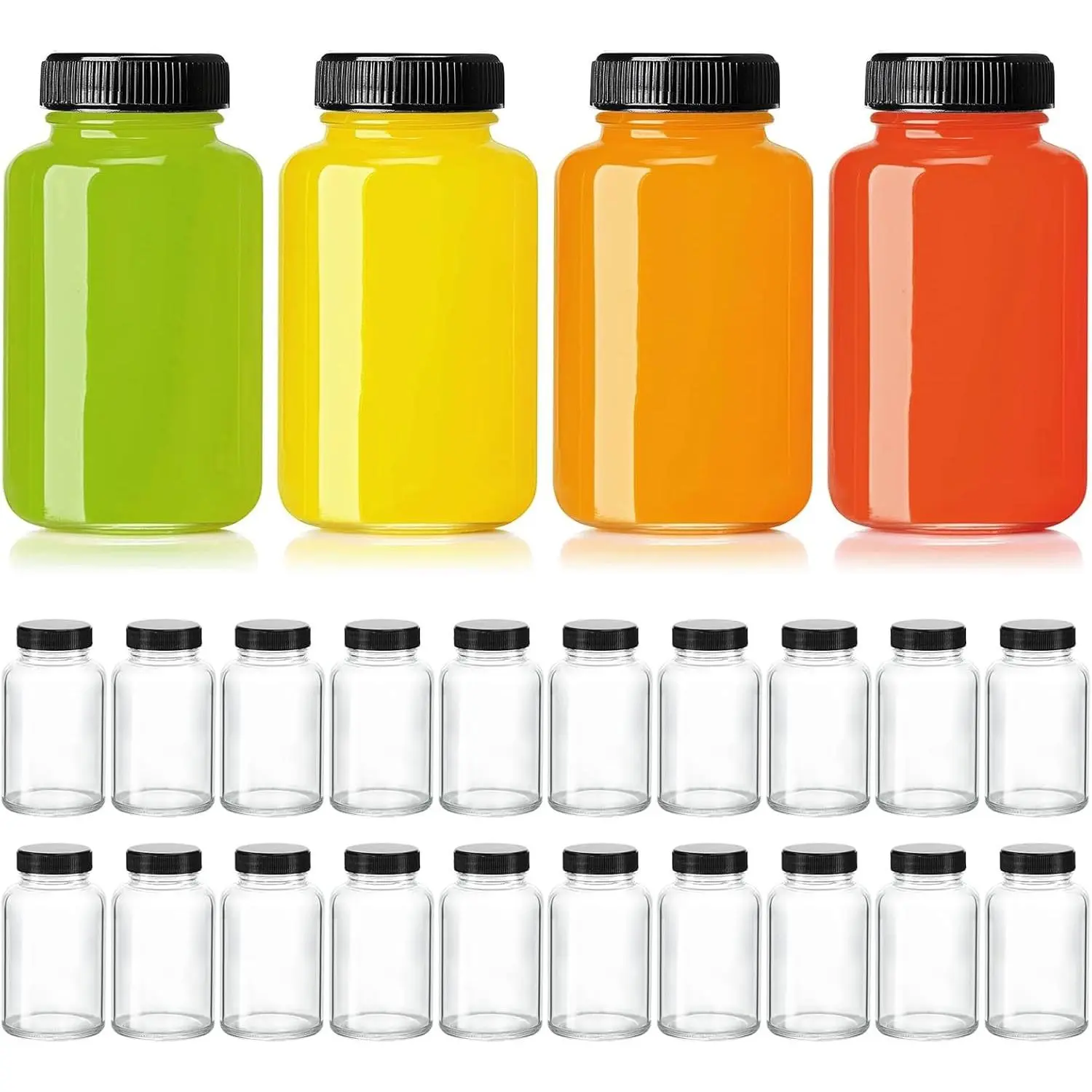 24 Pack Small Shot Bottles, 4oz Glass Jars with Lids for Juice | Wide Mouth Shot Bottles with Caps, Wellness Shot Glass Bottles for Ginger, Whiskey, Dishwasher Safe