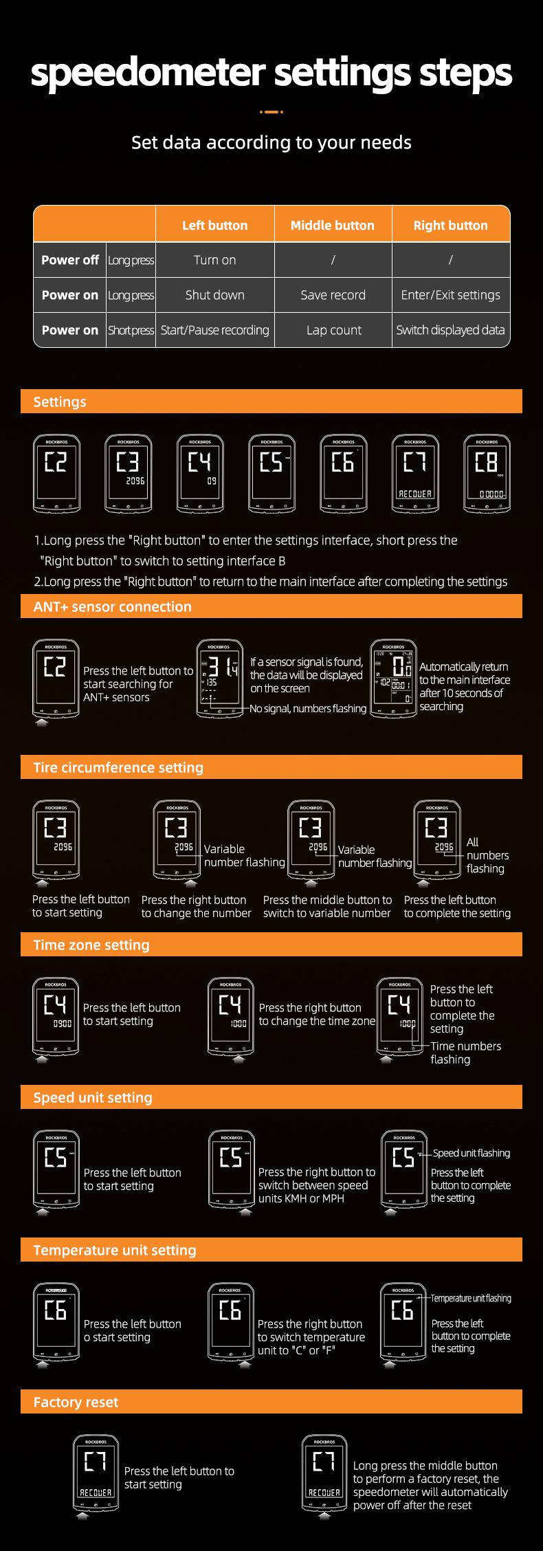 ROCKBROS Bike Computer Wireless Cycling Computers ANT+ Bluetooth Bicycle Computer Mini Speedometer Odometer Waterproof 2.9inch LCD Screen GPS/BDS/Galileo Position System