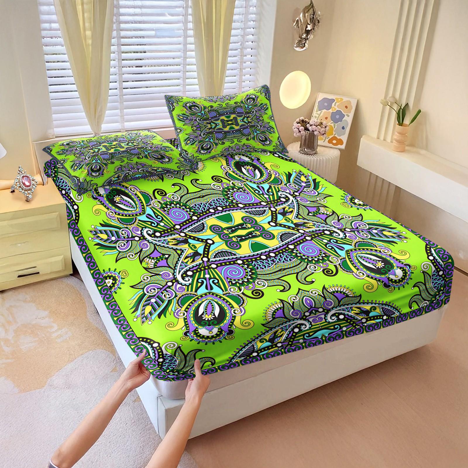 3Pcs Boho Paisley Printed Fitted Sheet Set, Vibrant Ethnic Style Bedding Set, Ultra-Soft Breathable Microfiber Bed Sheet Set, Deep Pocket All-Season Bed Linen, Ideal for Bedroom, Guest Room, Dorm Decor, Home Use