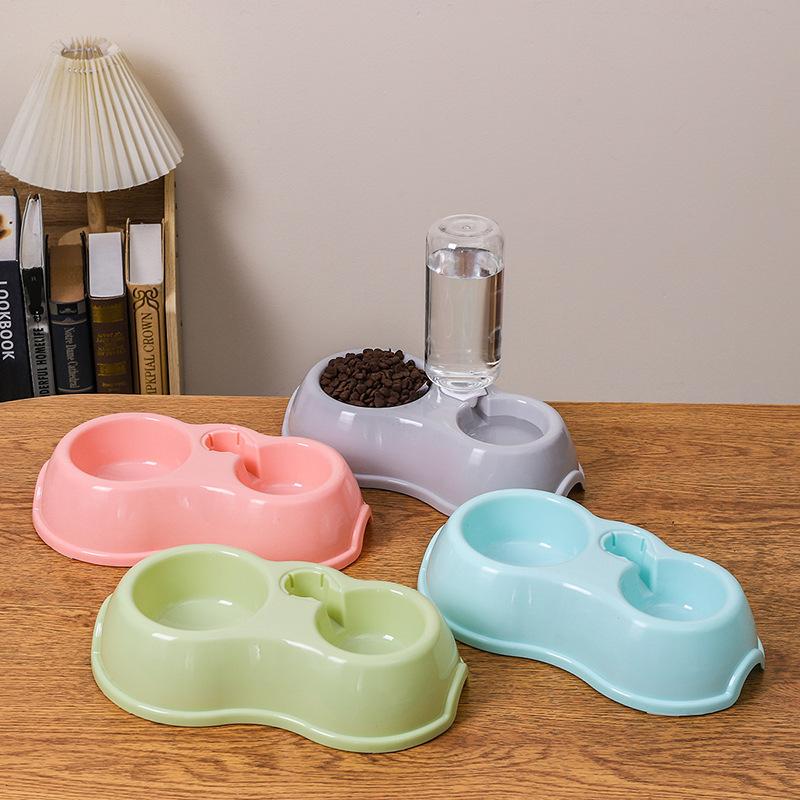 Plastic Dog Bowl Set with Water Fountain, Economic Dual Bowls Feeding Dish for Dogs & Cats, Pet Drinking Fountain Accessory